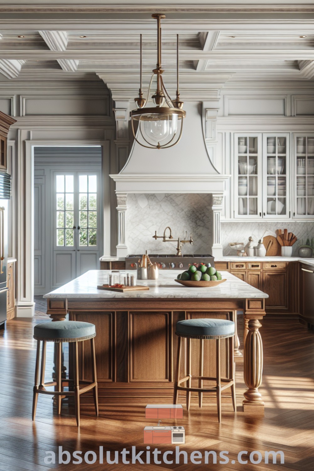 A modern colonial style kitchen featuring rich blues and greens, crown molding, and chair rail detailing that pays homage to Victorian designs. This inviting space offers decor ideas for small spaces while maintaining a cozy aesthetic, showcasing classic elements alongside modern conveniences. Discover more inspiring kitchen design trends at absolutkitchens.com.
