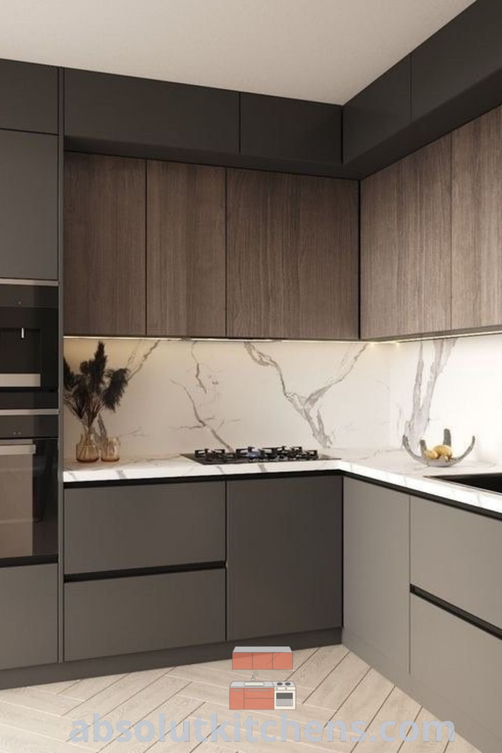 A modern kitchen with marble countertops and stainless steel appliances showcases the latest kitchen designs, emphasizing functional aesthetic in grey modern kitchen decor ideas for a cozy home. Find unique inspirations and design ideas at wellnesswink.com.