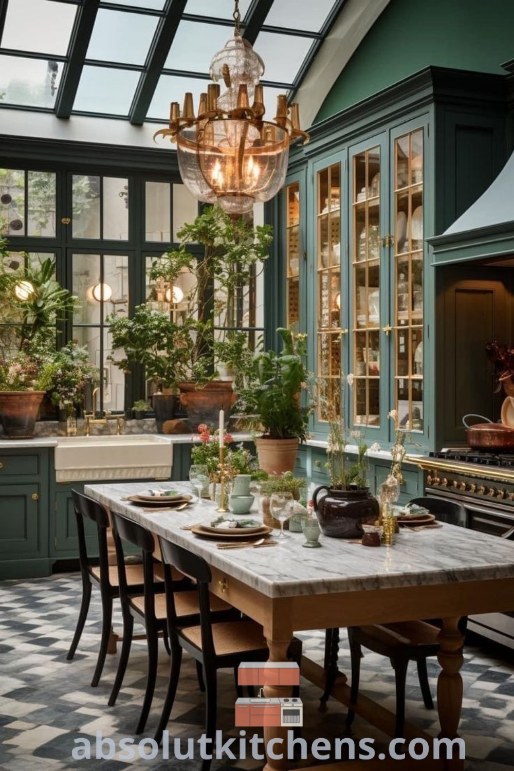 An elegant dining room table with chairs under a stylish chandelier in a European eat-in kitchen, showcasing farmhouse details and inspiring kitchen design ideas for homes. Discover cozy aesthetic and decor inspirations at absolutkitchens.com.