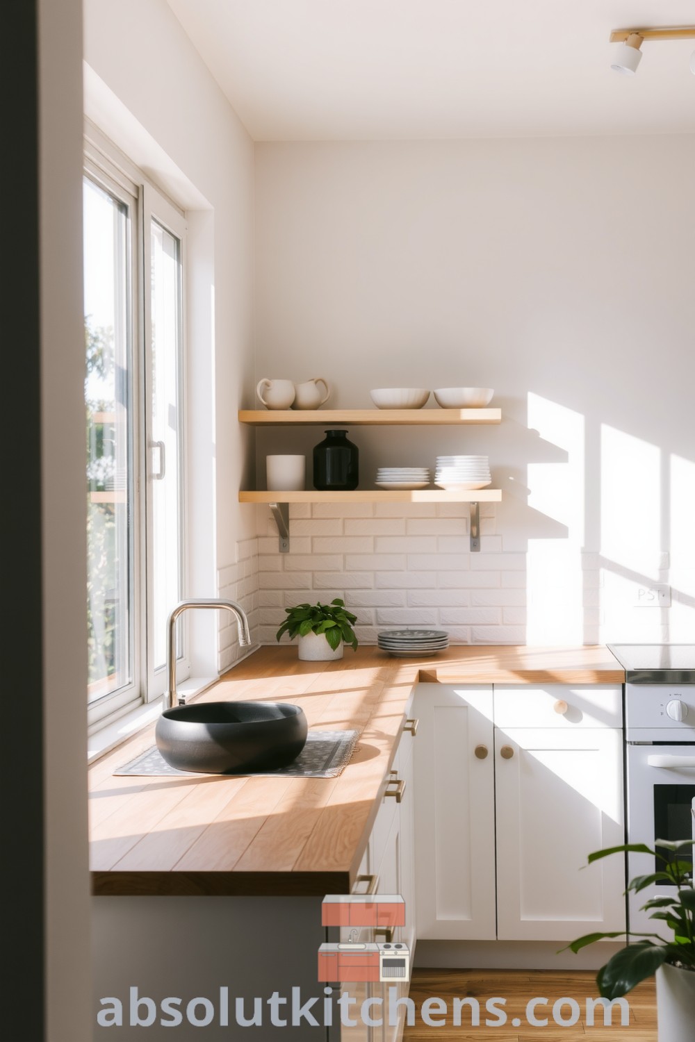 Minimalist kitchen with white cabinetry, natural wood countertops, textured stone backsplash, and open shelving displaying ceramic dishes, offering cozy home decor ideas and inspirations, featured on fireplacesandwoodstoves.com.