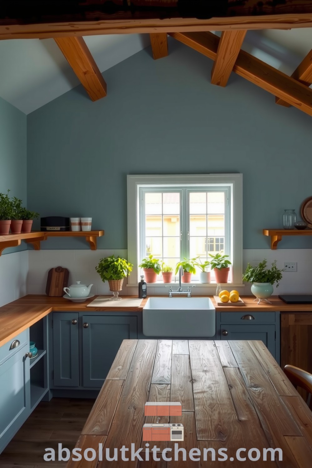 Cozy rustic kitchen with soft blue tones, natural wood accents, exposed beams, a heavy wooden table, and a farmhouse sink under a window, featuring potted herbs on the windowsill, providing warm sunlight and a refreshing atmosphere. Visit absolutkitchens.com for inspiring design ideas.