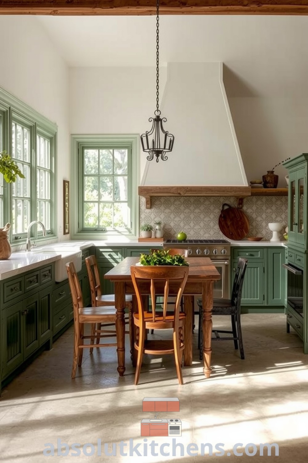 Cozy nature-inspired kitchen with sunlight filtering through large windows, limestone countertops, soft green cabinetry, reclaimed wood shelves, and leaf-patterned tiles, featuring a weathered table with mismatched chairs. Explore decor ideas for a warm and inviting home at absolutkitchens.com.