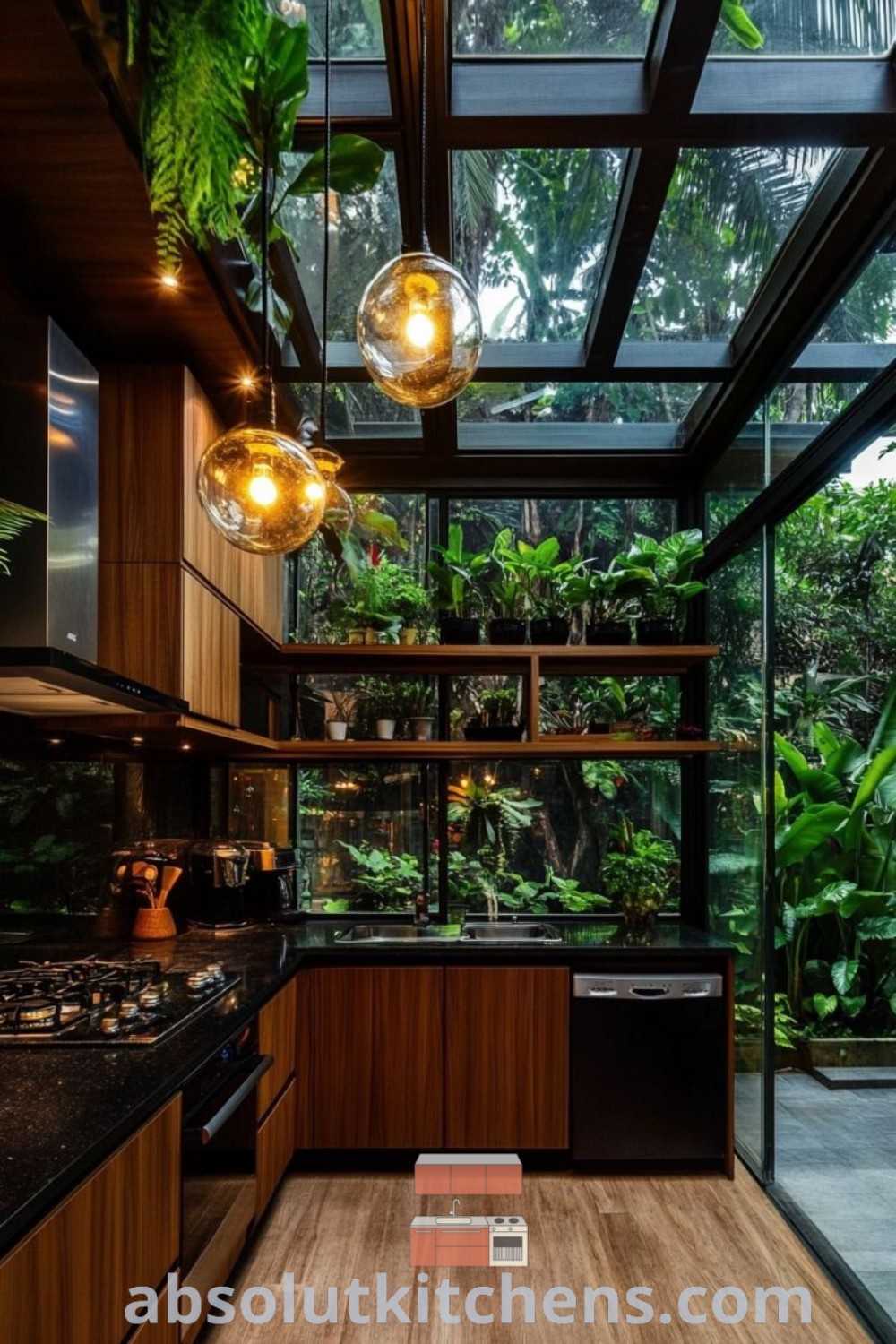 A beautiful kitchen with wooden cabinets, black countertops, and greenery on the walls, showcasing modern tropical kitchen design ideas. This space delivers a cozy aesthetic with natural charm, making it an inspiring choice for house or apartment decor. Explore more ideas at absolutkitchens.com.