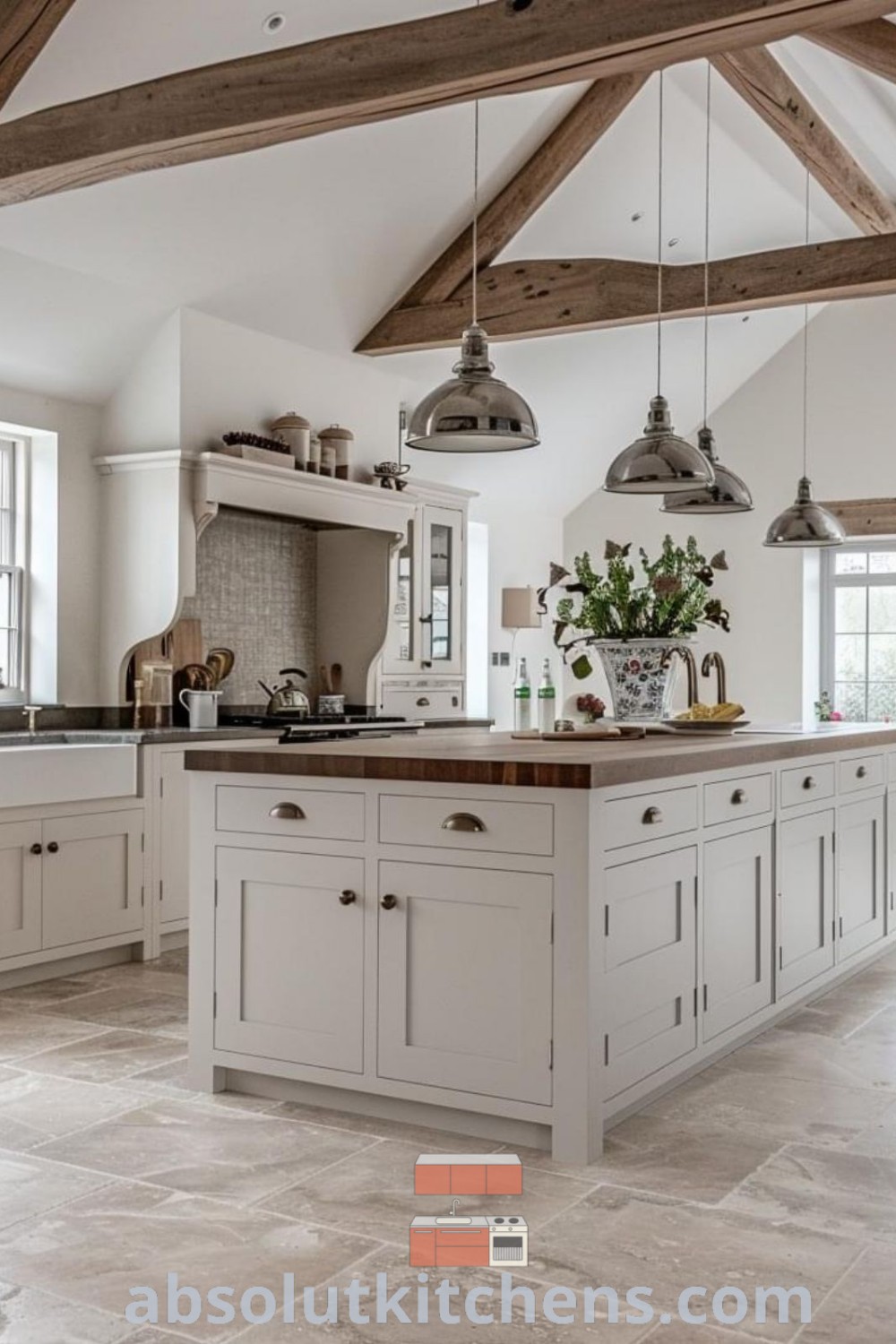 A picturesque light country kitchen showcasing white cabinets and wooden beams, epitomizing American classic kitchen decor. This cozy aesthetic is filled with design ideas, perfect for house or apartment living. Discover more inspiring kitchen design trends at absolutkitchens.com.