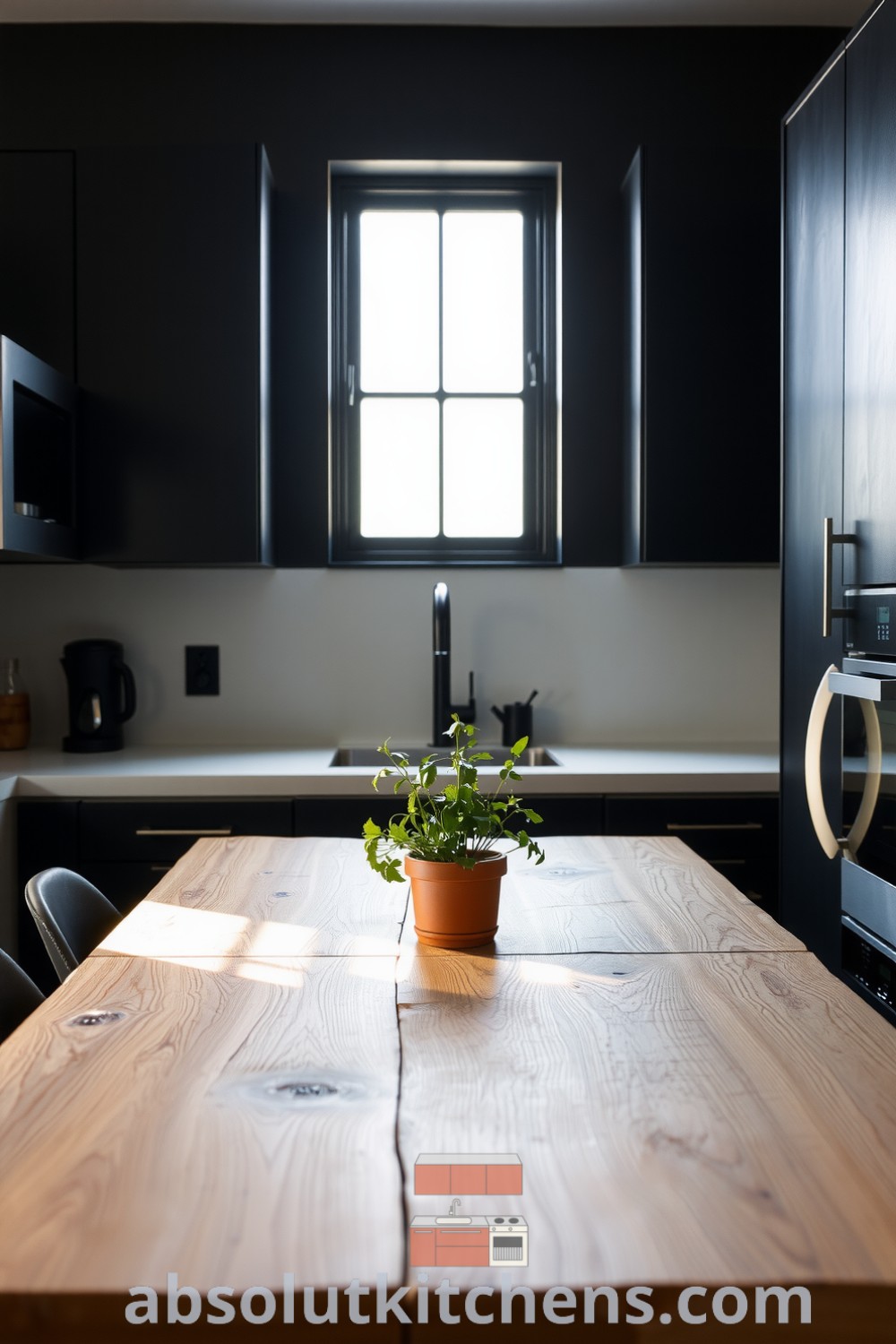 A cozy minimalist kitchen with dark cabinetry and a concrete countertop, featuring natural light, a wooden dining table, and a ceramic pot of fresh herbs, offering inspiring design ideas and decor inspirations for your home at fireplacesandwoodstoves.com.