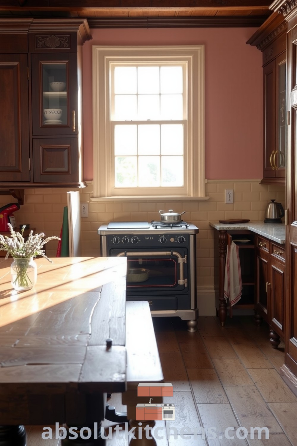 Cozy Victorian kitchen featuring soft pink walls, dark wood cabinetry with carvings, an antique stove, creamy subway tiles, and a rustic table, ideal for inspiring warm and inviting decor ideas for your home at absolutkitchens.com.