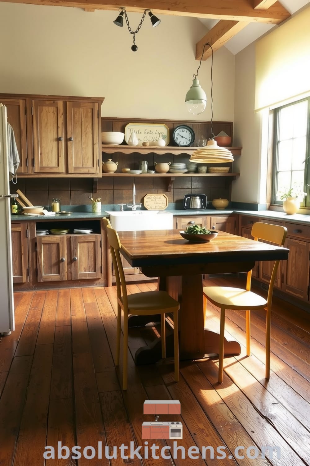 Rustic kitchen featuring weathered wooden cabinets, a white farmhouse sink, aged hardwood floors, a central table, and open shelves with mismatched pottery, creating cozy home design inspirations for your home at fireplacesandwoodstoves.com.