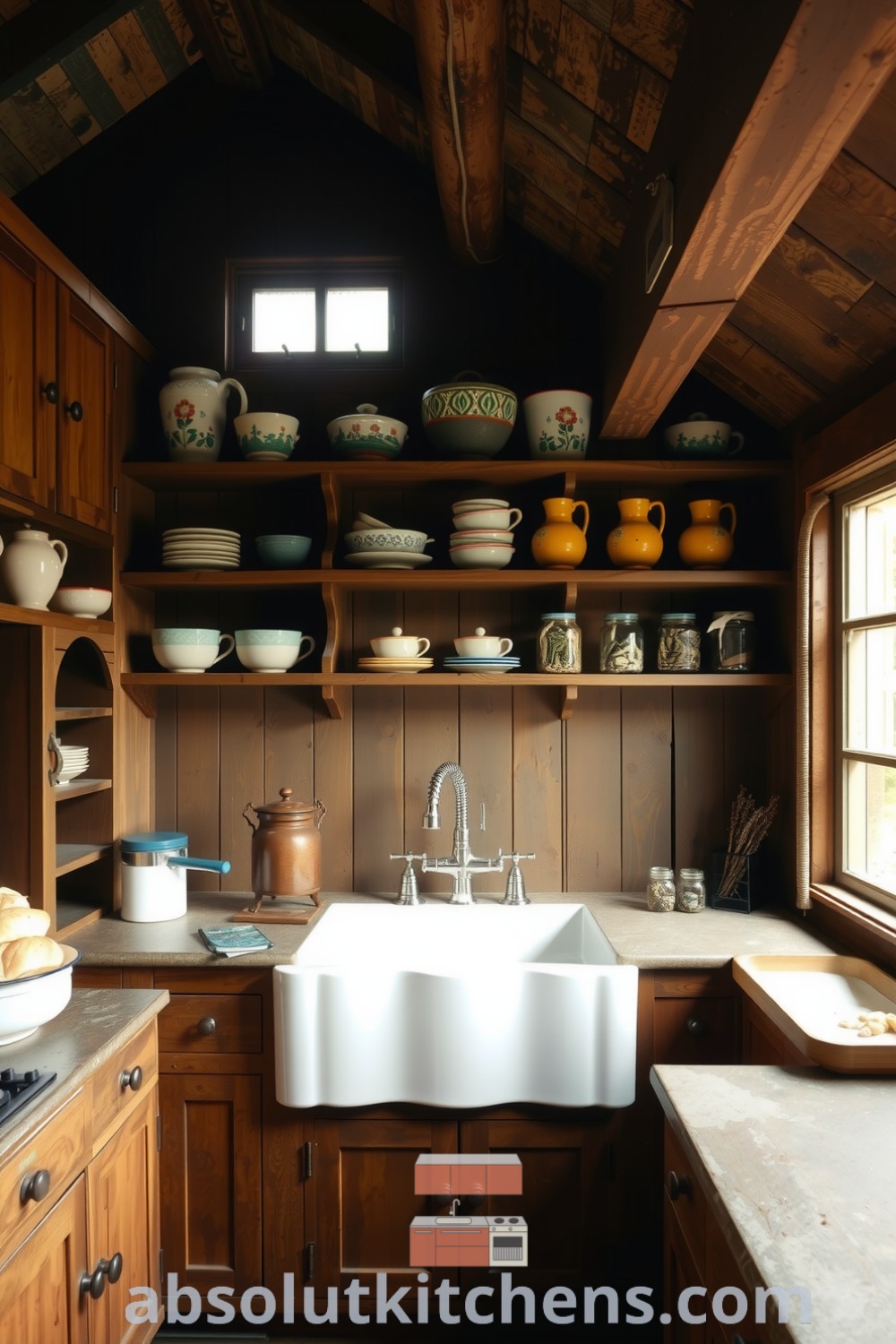 Cozy rustic kitchen with deep brown wooden cabinetry, exposed beams, farmhouse sink, and mismatched earthenware; perfect for ideas to create a warm, inviting space for family gatherings. Visit absolutkitchens.com for inspiring decor ideas for your home.