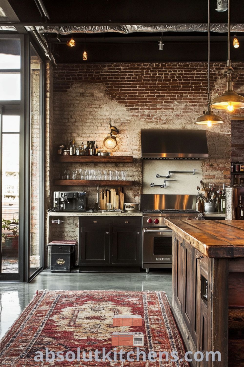 Stylish loft kitchen with exposed brick walls, polished concrete floors, and cozy aesthetic featuring vintage decor ideas for small spaces on absolutkitchens.com.