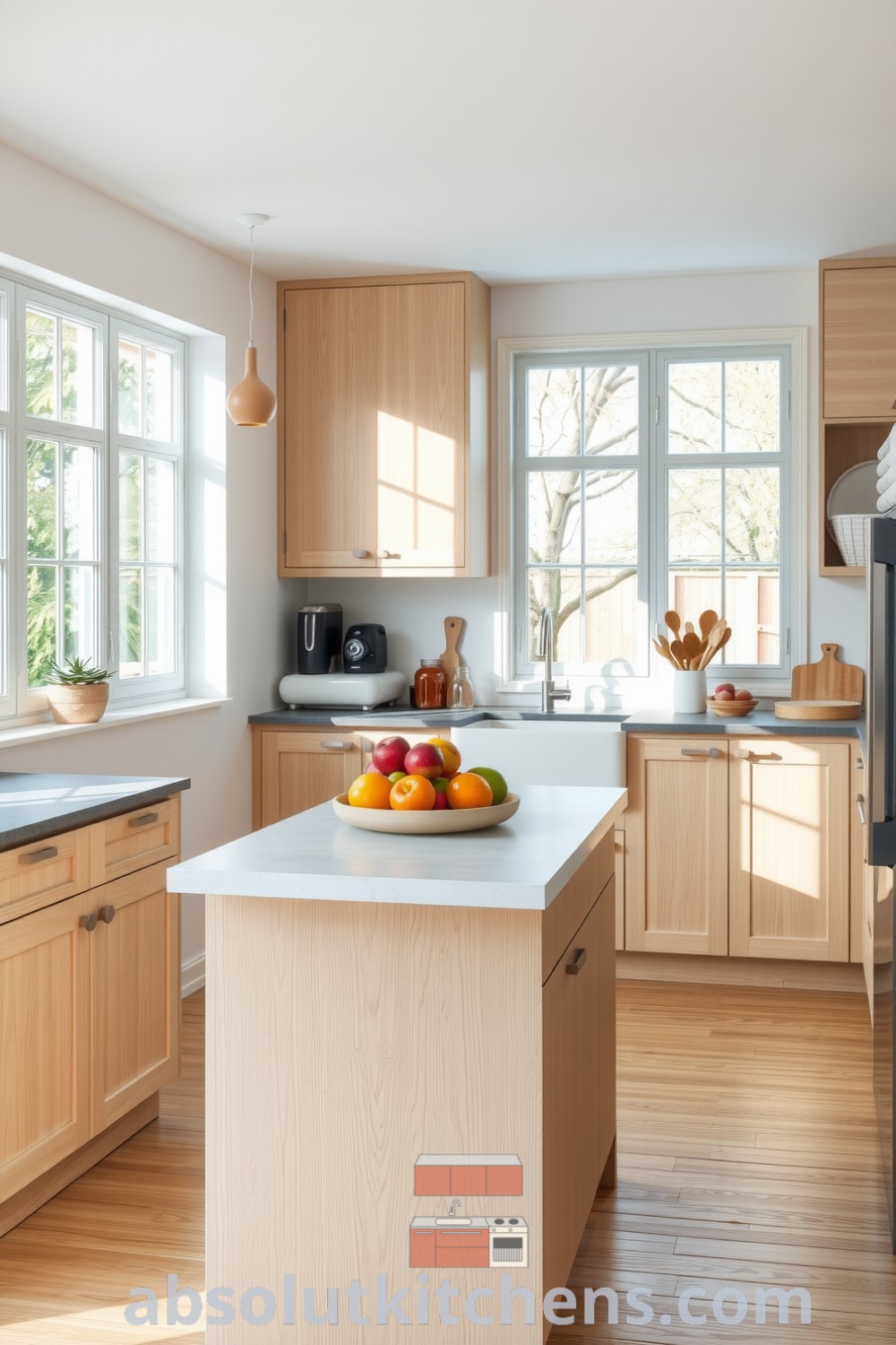 Scandinavian kitchen exuding serene charm with white tones, wooden cabinets, and stone countertops, highlighted by a kitchen island with seasonal fruit, creating a cozy atmosphere ideal for family gatherings; ideas for your home inspired by fireplacesandwoodstoves.com.