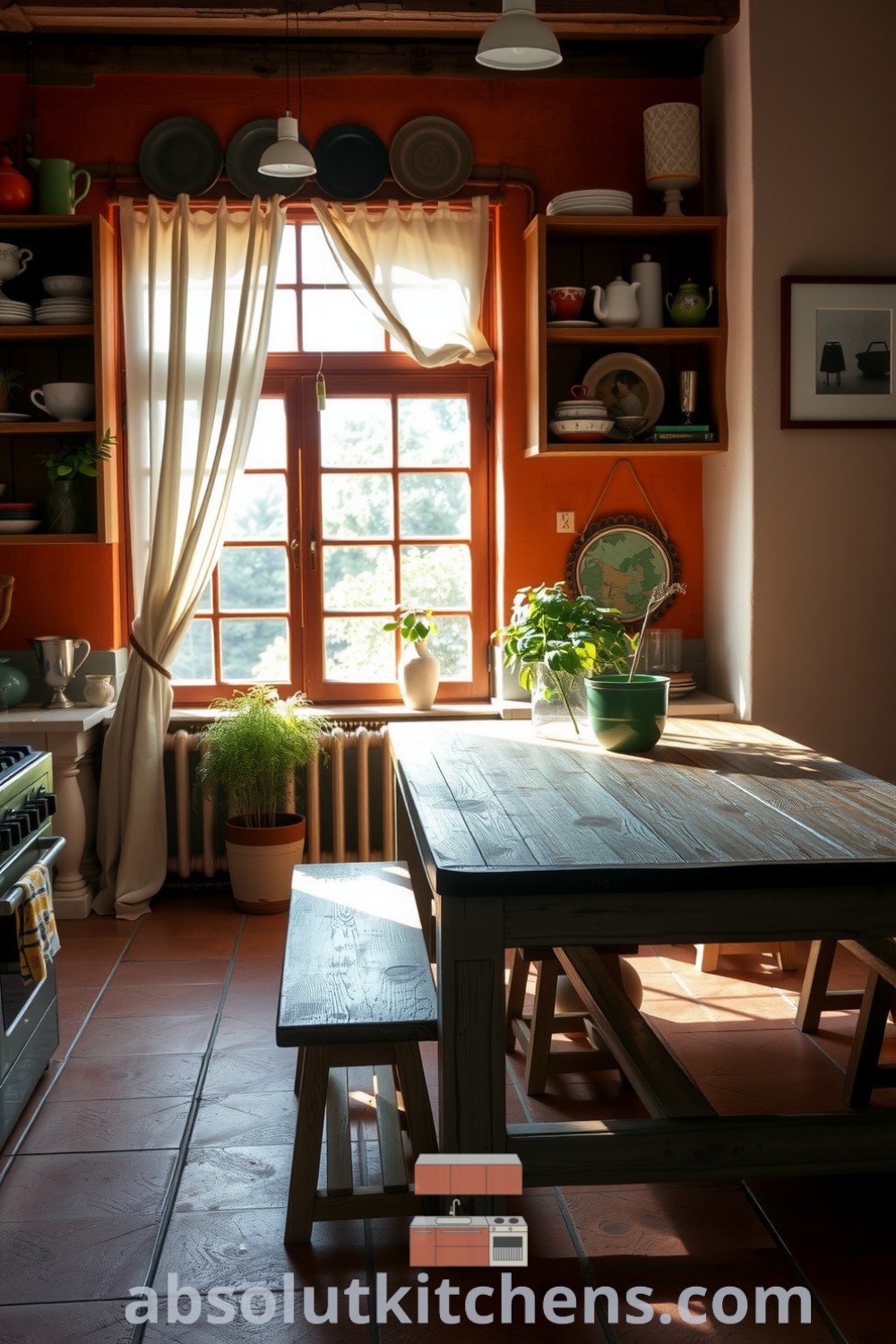 Cozy bohemian kitchen featuring earthy orange tones, rustic wooden floor, vintage dishware on open shelves, and a farmhouse table, complemented by an herb garden and the inviting aroma of spices and coffee. Discover inspiring decor ideas for your home at absolutkitchens.com.