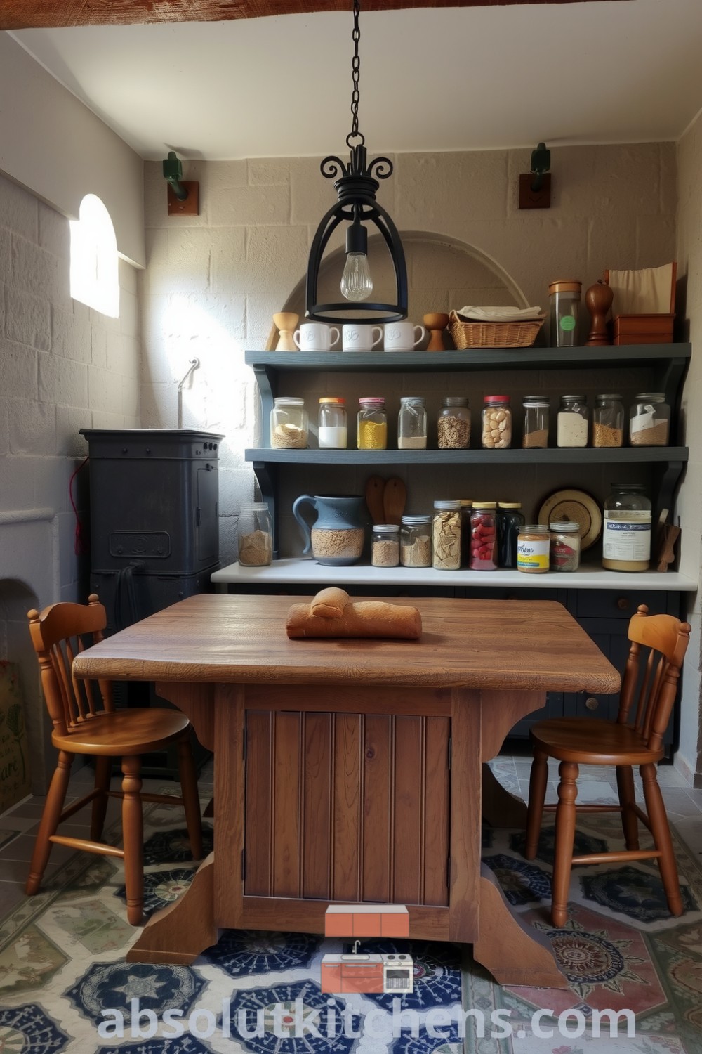 Cozy rustic kitchen featuring uneven stone walls, a heavy wooden table, wrought iron light fixtures, and shelves filled with mismatched mugs and spice jars, exuding warmth and invitation for family gathering. Visit absolutkitchens.com for more cozy decor ideas.