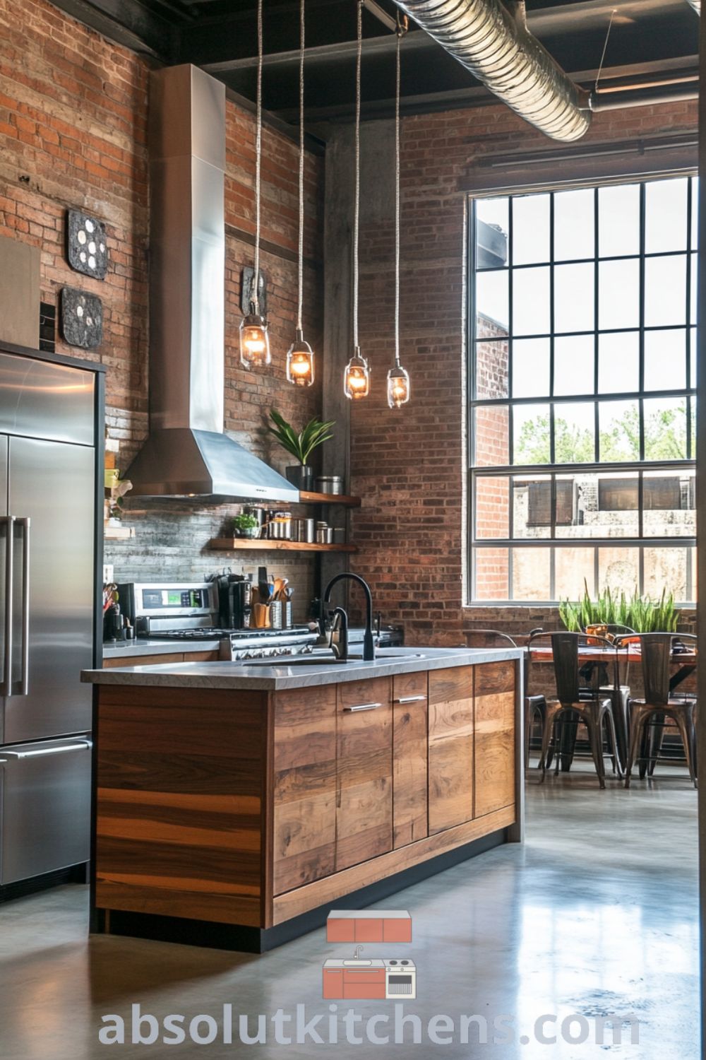Urban loft kitchen featuring exposed brick, stainless steel appliances, and cozy decor ideas for small spaces on absolutkitchens.com, showcasing loft kitchen design and inspiring loft style apartments.