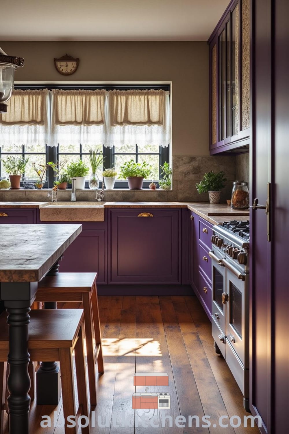 Rustic kitchen with shades of purple, worn wooden cabinets, a vintage cast-iron stove, and pots of fresh herbs, creating a cozy home vibe, ideal for gathering, showcasing inspiring decor ideas and unique designs for your home, as featured on fireplacesandwoodstoves.com.