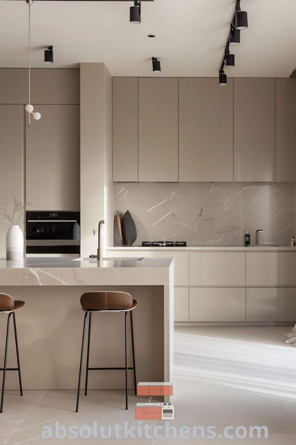 Two stylish stools in front of a kitchen island in a modern minimalist kitchen, showcasing a beautiful white kitchen interior design and inviting decor ideas. This serene space highlights the aesthetic benefits of minimalism, offering unique inspirations for cozy home designs. Explore more decor ideas at wellnesswink.com.