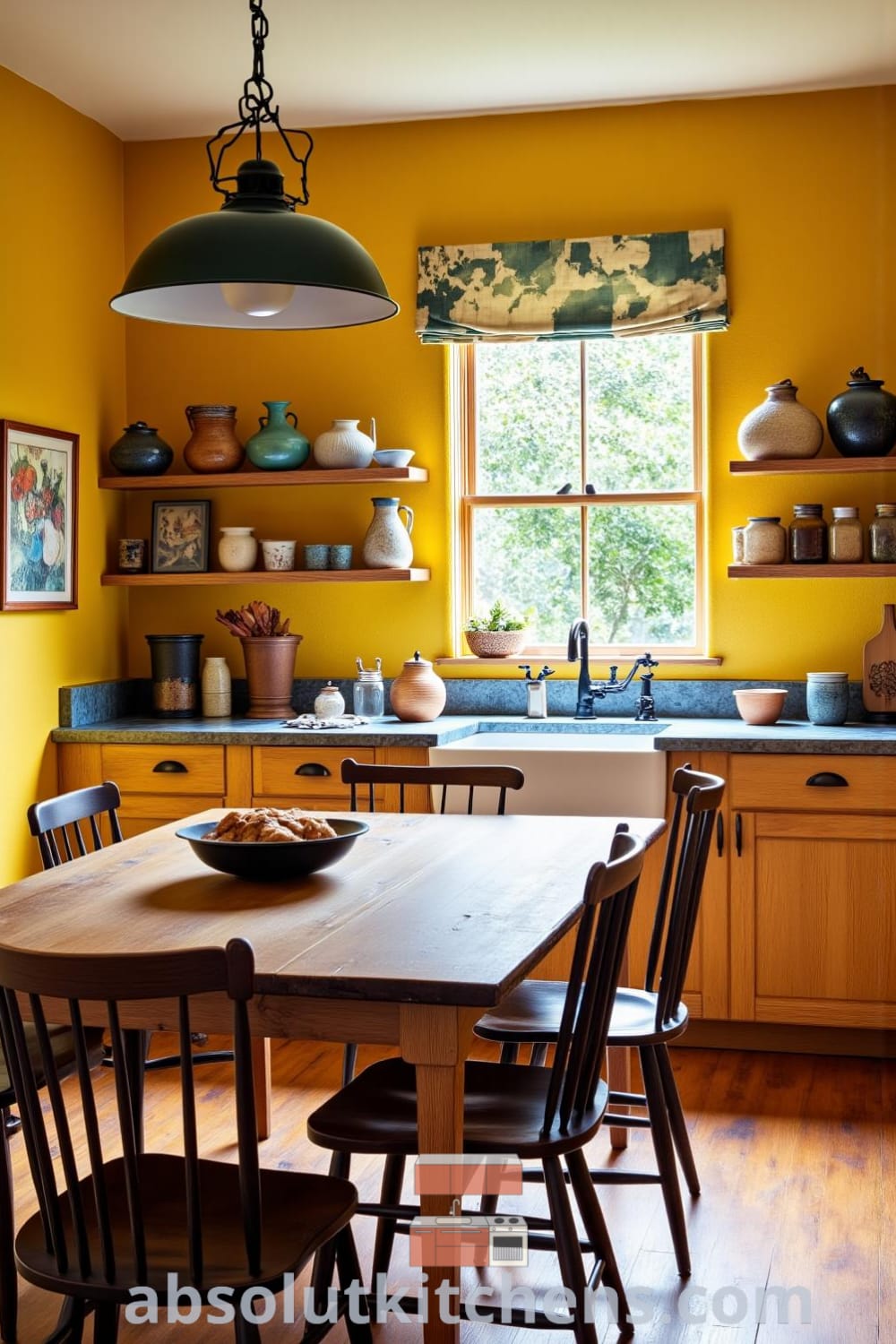 Rustic kitchen with yellow walls, a wooden table surrounded by mismatched chairs, handmade pottery, and spice jars, creating a warm and inviting atmosphere, showcasing cozy decor ideas for a personalized home, featured on fireplacesandwoodstoves.com.