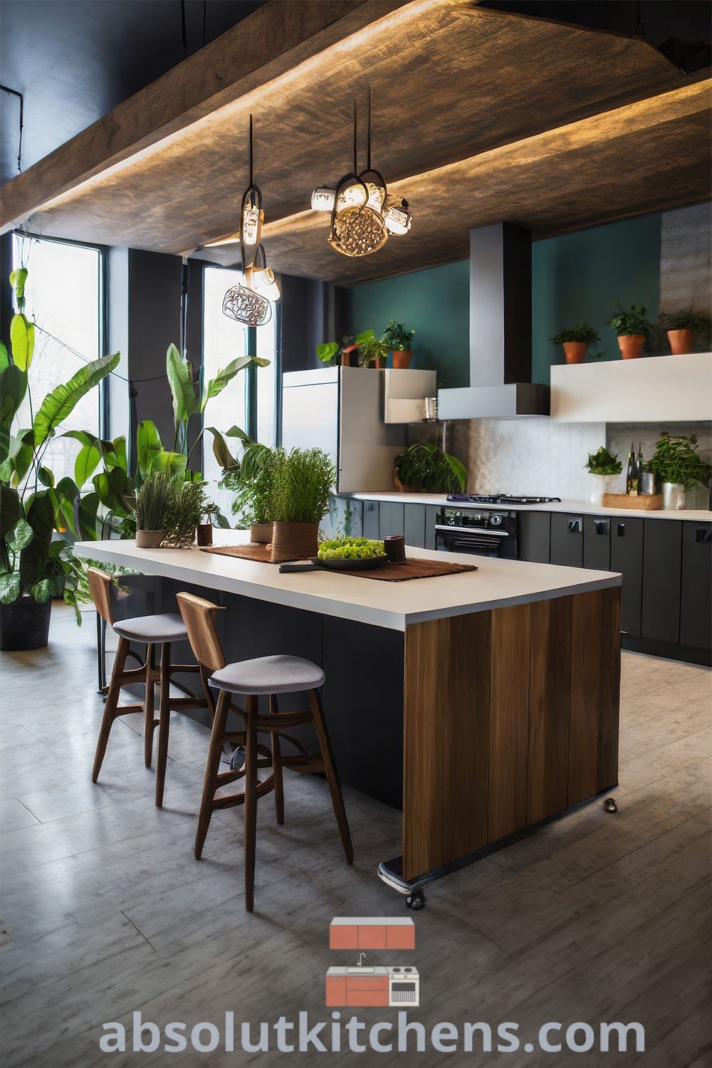 A stylish kitchen with an island, potted plants, dark green elements, and grey flooring, showcasing modern design trends and cozy decor ideas for small spaces. Explore inspiring kitchen designs at absolutkitchens.com.