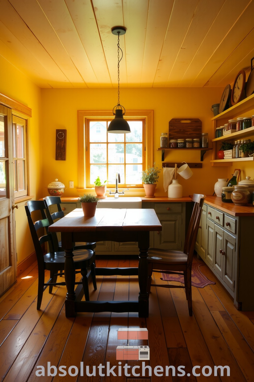 Cozy farmhouse kitchen featuring sun-kissed yellow walls, a sturdy wooden table surrounded by mismatched chairs, weathered cabinets with preserved goods, and a view of the garden from a farmhouse sink. Visit absolutkitchens.com for inspiring decor ideas.