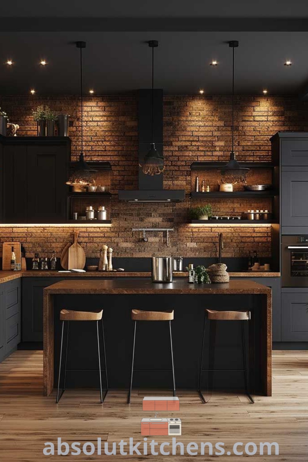 An inviting industrial kitchen with brick walls, wooden floors, and matching bar stools, showcasing a cozy home vibe and modern decor inspirations. This stylish kitchen design blends functional elements with aesthetic appeal, offering unique ideas for your home. Discover more at wellnesswink.com.