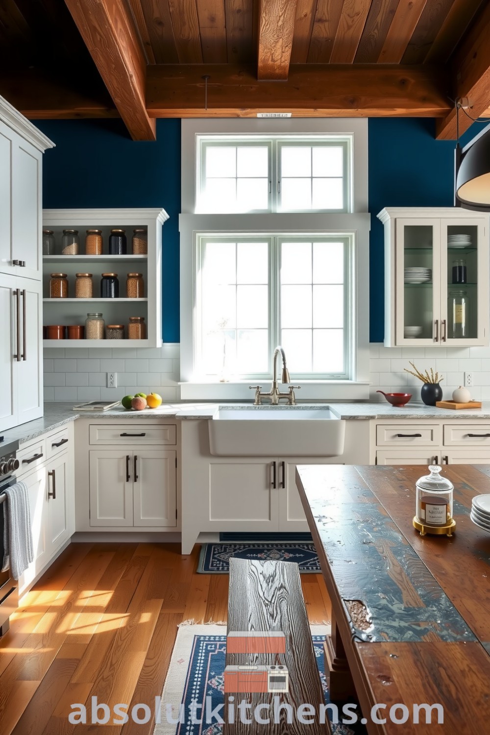 Cozy farmhouse kitchen featuring blue accents, rustic wooden beams, polished granite countertops, and a large farmhouse sink, inviting warm family gatherings with open shelving displaying jars filled with grains and herbs, from absolutkitchens.com.