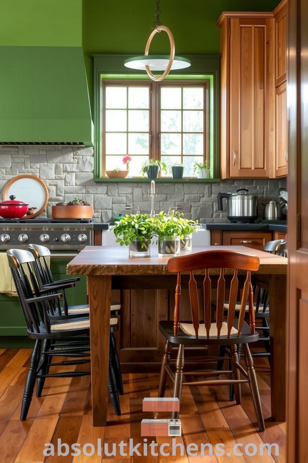 Cozy nature-inspired kitchen with rich green accents, warm wooden cabinetry, and a textured stone backsplash, featuring a sturdy oak table surrounded by mismatched chairs and potted herbs, showcasing inspiring decor ideas for your home at absolutkitchens.com.