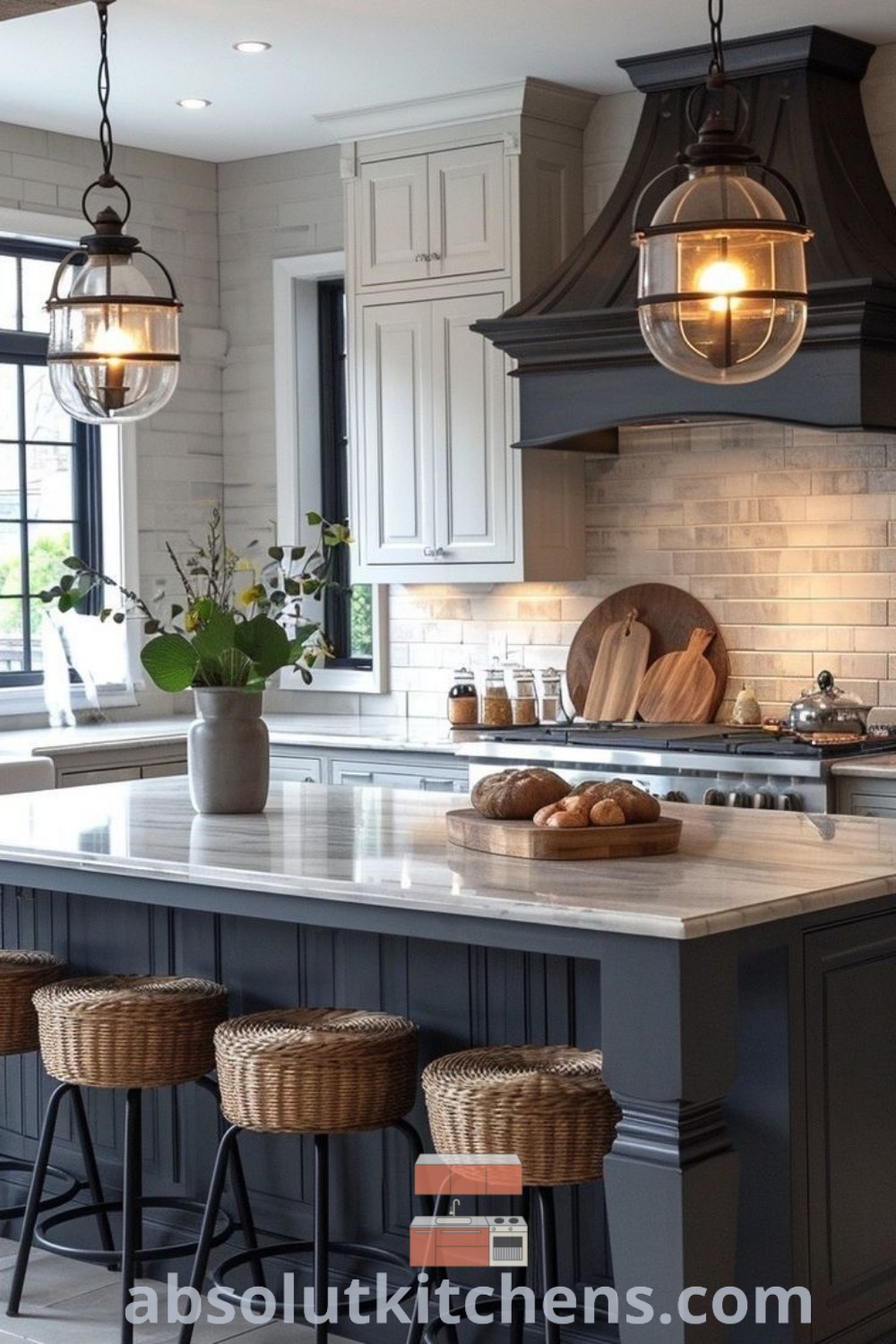 A kitchen island with stools and hanging lights showcasing modern farmhouse kitchen design ideas from absolutkitchens.com. This updated kitchen inspires cozy aesthetics and practical decorations for small spaces, blending functionality with stylish dining room design trends.