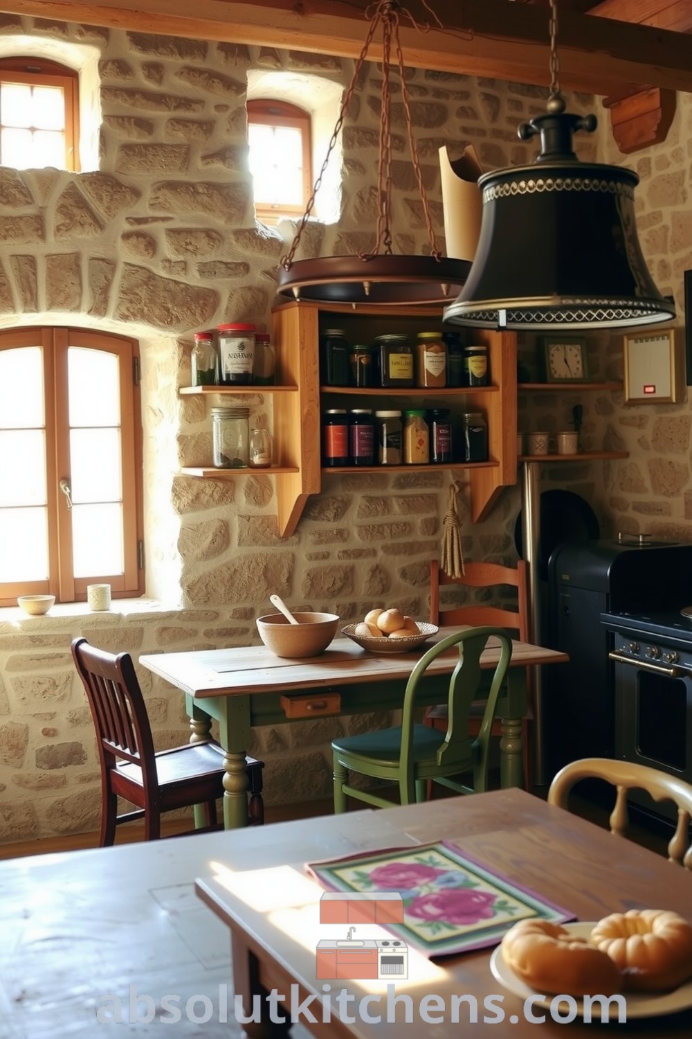 Cozy French kitchen featuring warm sunlight, rough stone walls, wooden shelves filled with colorful jars, a weathered farmhouse table, mismatched chairs, and a fragrant atmosphere with baking pastries, showcasing unique ideas and inspiring decor for your home at absolutkitchens.com.