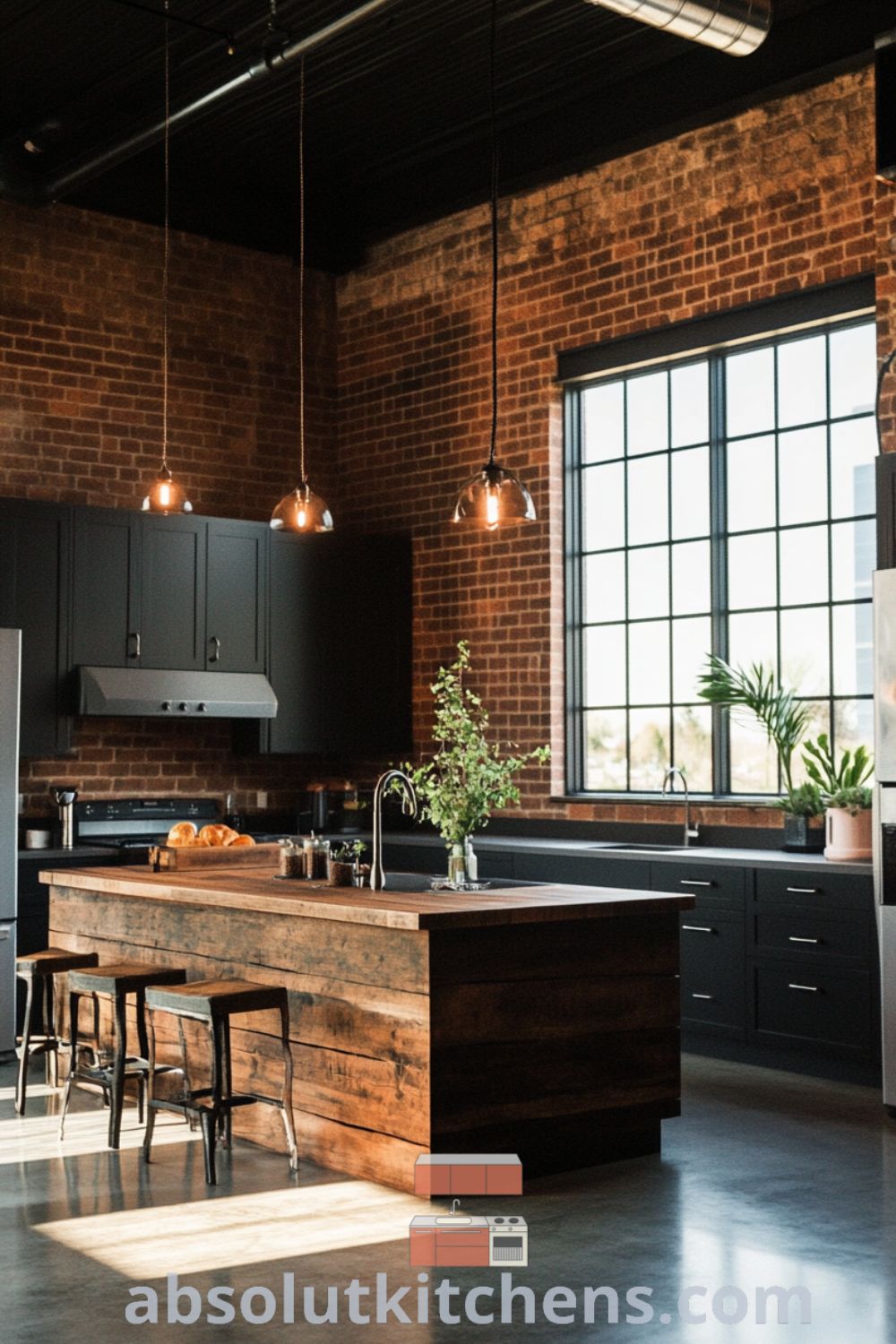 Loft kitchen design on absolutkitchens.com featuring high ceilings, cozy aesthetic, exposed brick walls, and reclaimed wood island.