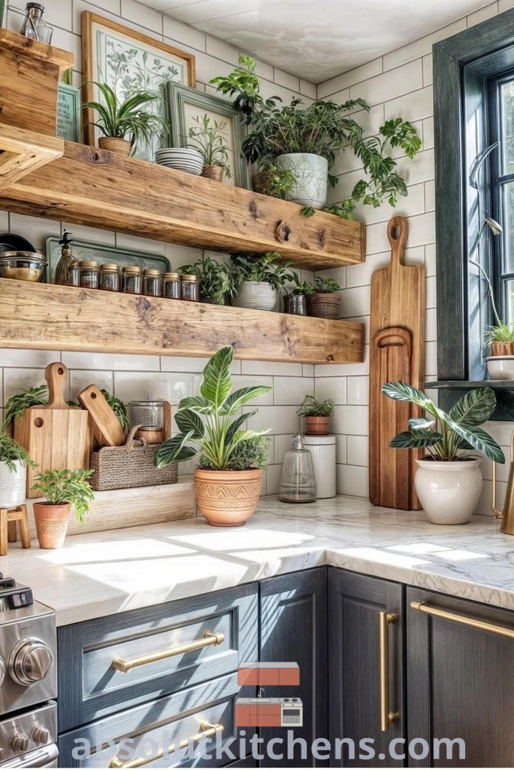 A bright open kitchen filled with potted plants on rustic wooden shelves next to a window, showcasing cozy aesthetic and kitchen spice rack ideas. This design highlights functional decor strategies for a cottage kitchen and offers inspiring tips for small spaces at absolutkitchens.com.