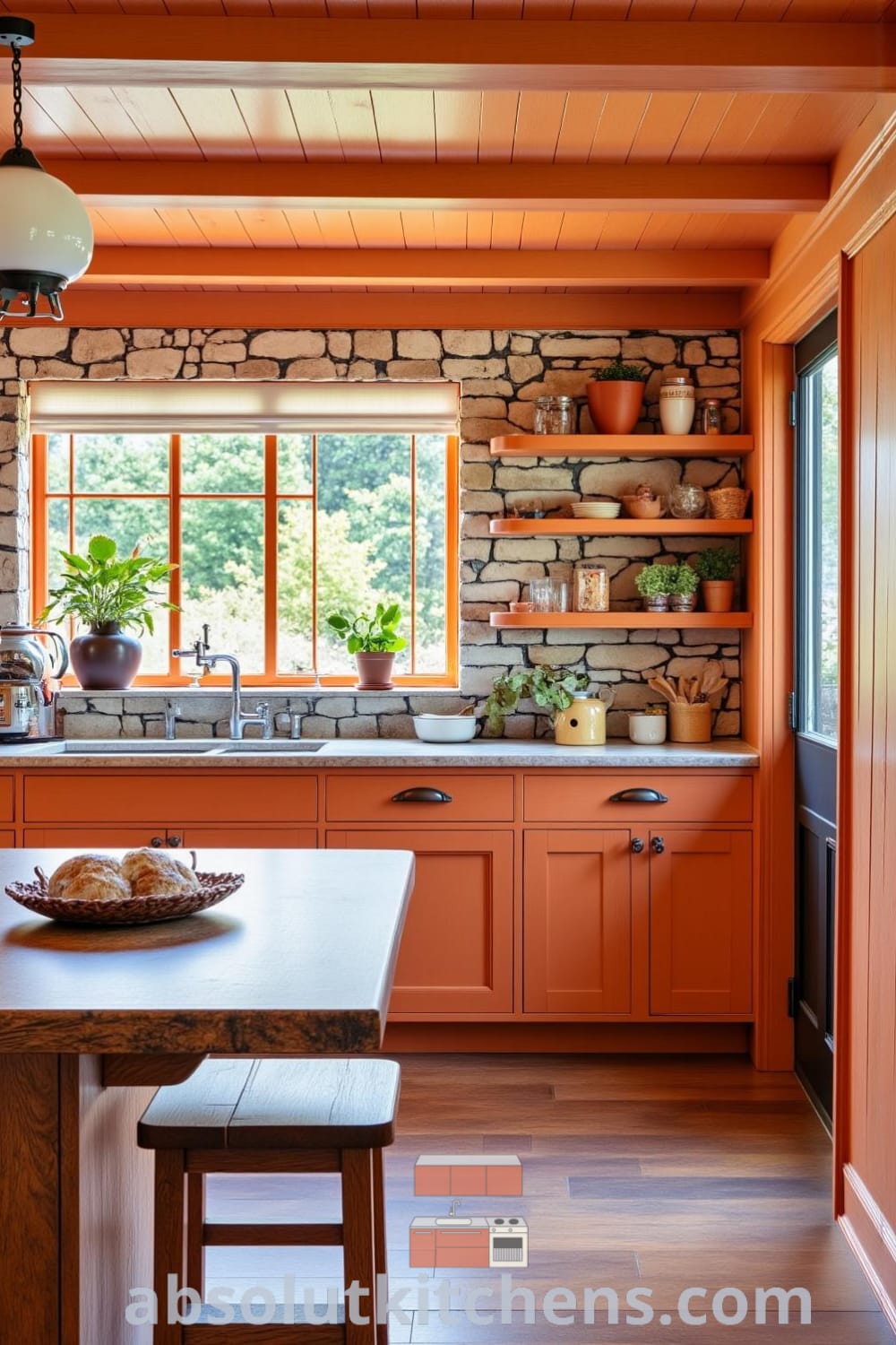 A warm rustic kitchen featuring exposed stone walls, wooden cabinetry, a farmhouse table, and afternoon sunlight streaming through a window, creating a cozy and inviting atmosphere with baked bread aroma, ideal for inspiration from fireplacesandwoodstoves.com.