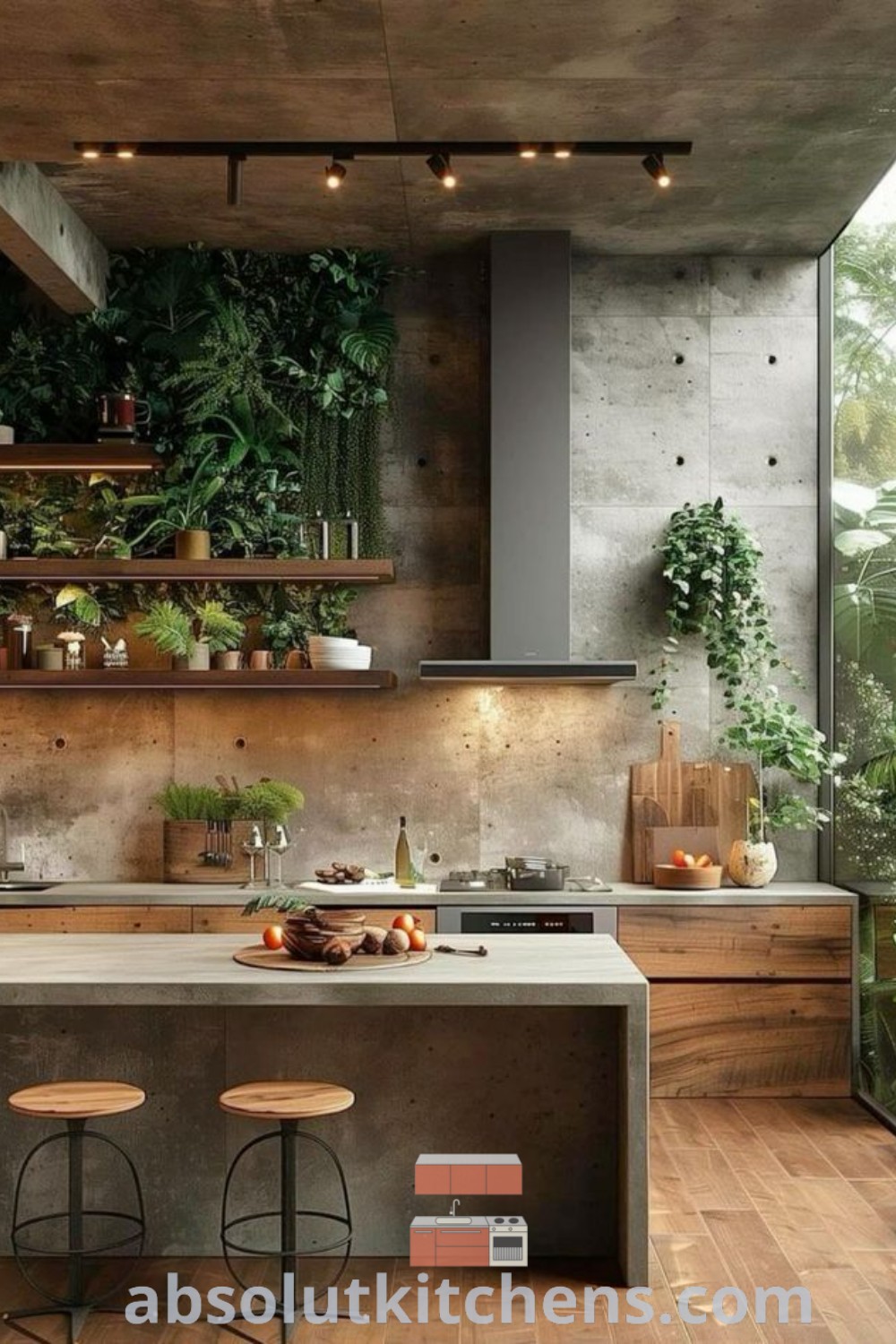 An industrial kitchen showcasing wooden floors, plenty of plants on the countertop, and a stylish kitchen island. This modern minimalist kitchen design from absolutkitchens.com highlights functional decor ideas for small spaces, offering inspiration for cozy aesthetics and design trends to enhance your home.