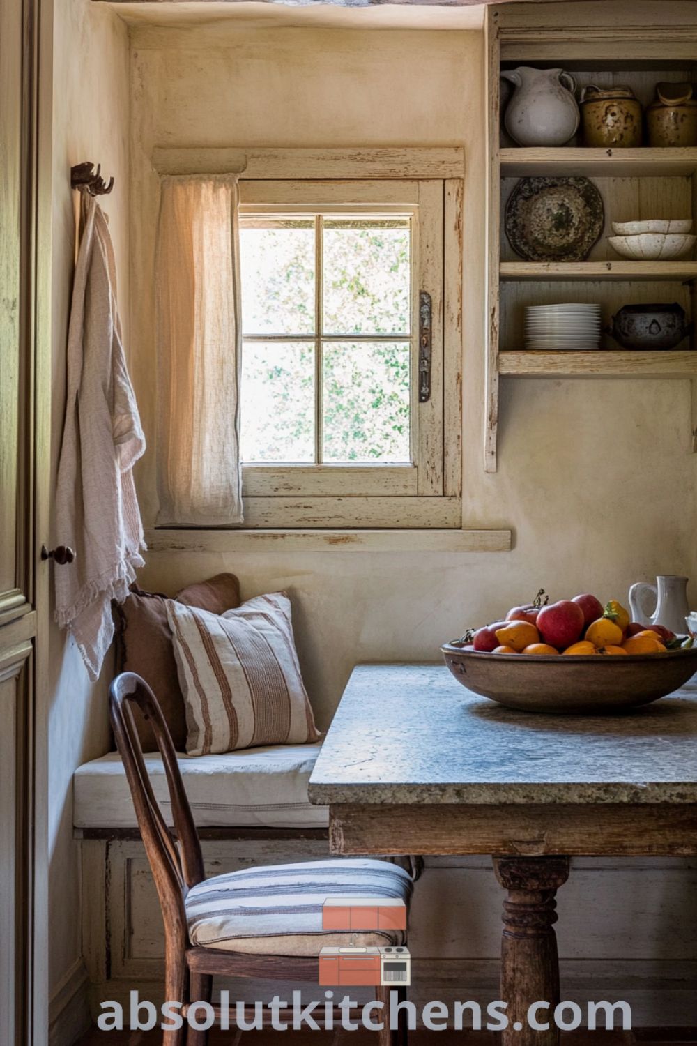 Charming French kitchen decor image on absolutkitchens.com showcasing warm light, cozy aesthetic, and inviting design tips for small spaces.
