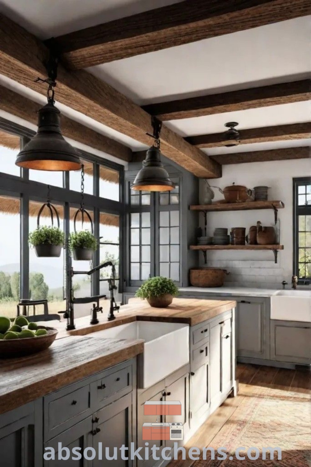 A spacious rustic modern kitchen with extensive counter space, hanging lights over the sink, and open shelving, representing inspiring design trends for cabin kitchens and rustic farmhouse aesthetics. Discover cozy decor ideas for your space at absolutkitchens.com.