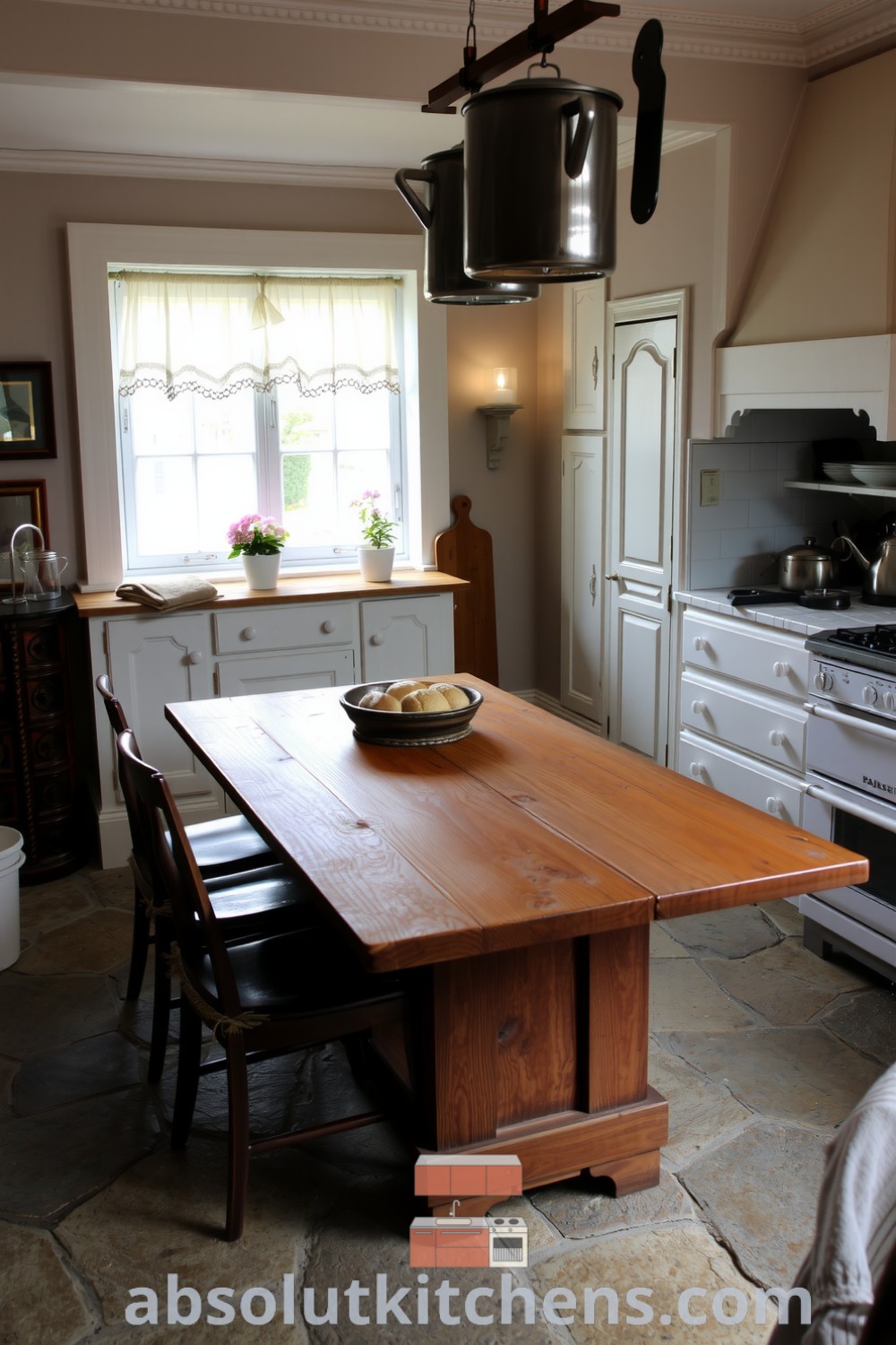 Cozy Victorian kitchen with soft white cabinetry, a large wooden table, polished metal pots, and uneven stone flooring, creating a warm atmosphere filled with the aroma of freshly baked bread. Discover inspiring design ideas and cozy home decor inspirations at absolutkitchens.com.