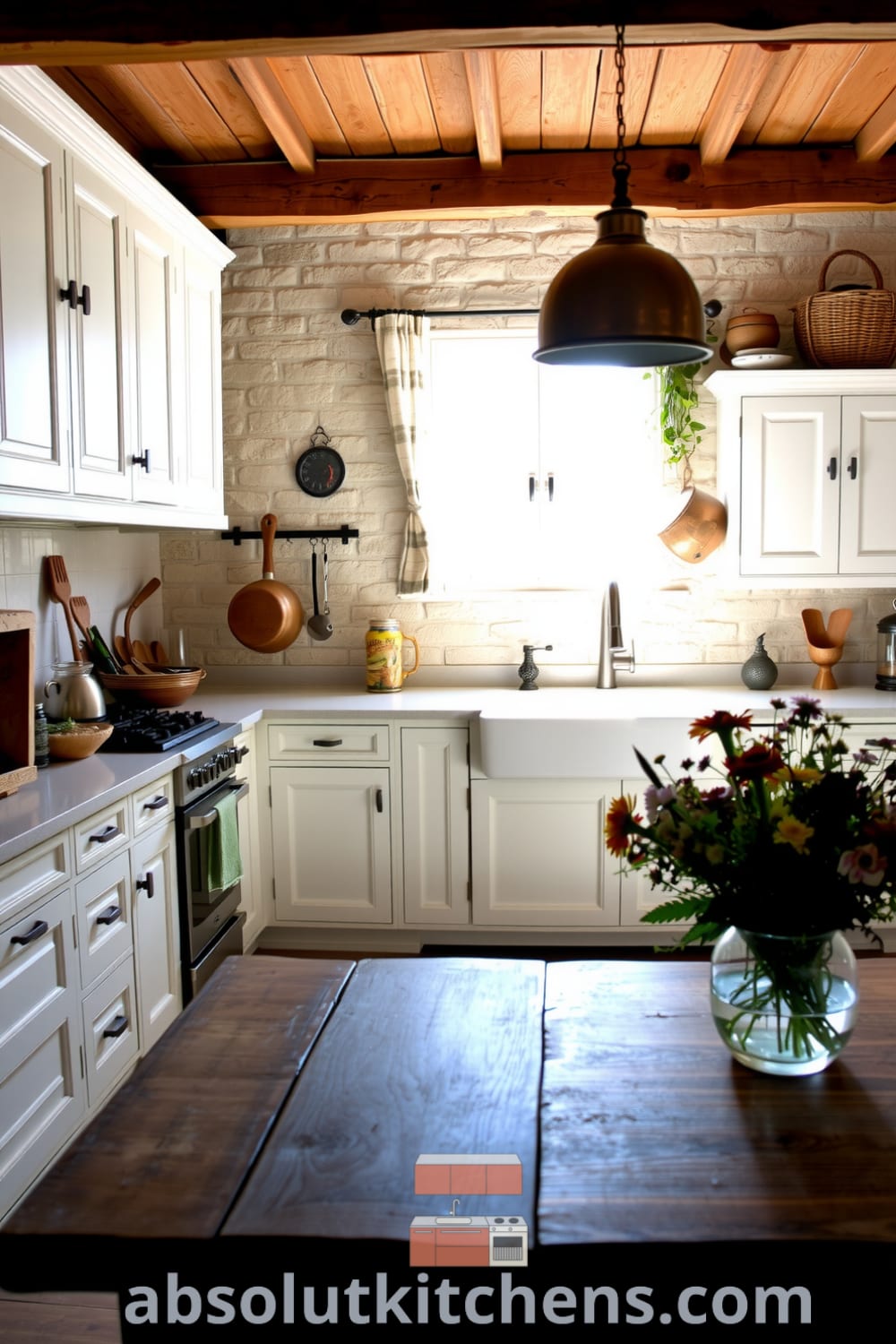 Spacious rustic kitchen featuring worn white cabinetry, textured stone walls, a farmhouse table, hanging copper pots, and a bouquet of wildflowers, creating a cozy atmosphere and inspiring decor ideas for your home, available at fireplacesandwoodstoves.com.