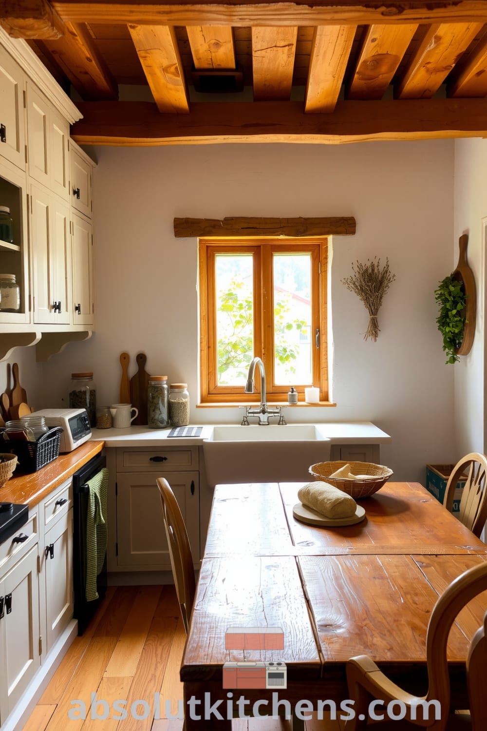 Rustic kitchen with white-washed walls, exposed wooden beams, handcrafted cabinets displaying mismatched plates and jars of dried herbs, featuring a large farmhouse sink and a sturdy wooden table, creating a cozy home with inviting decor ideas for warmth and family gatherings, inspired by fireplacesandwoodstoves.com.