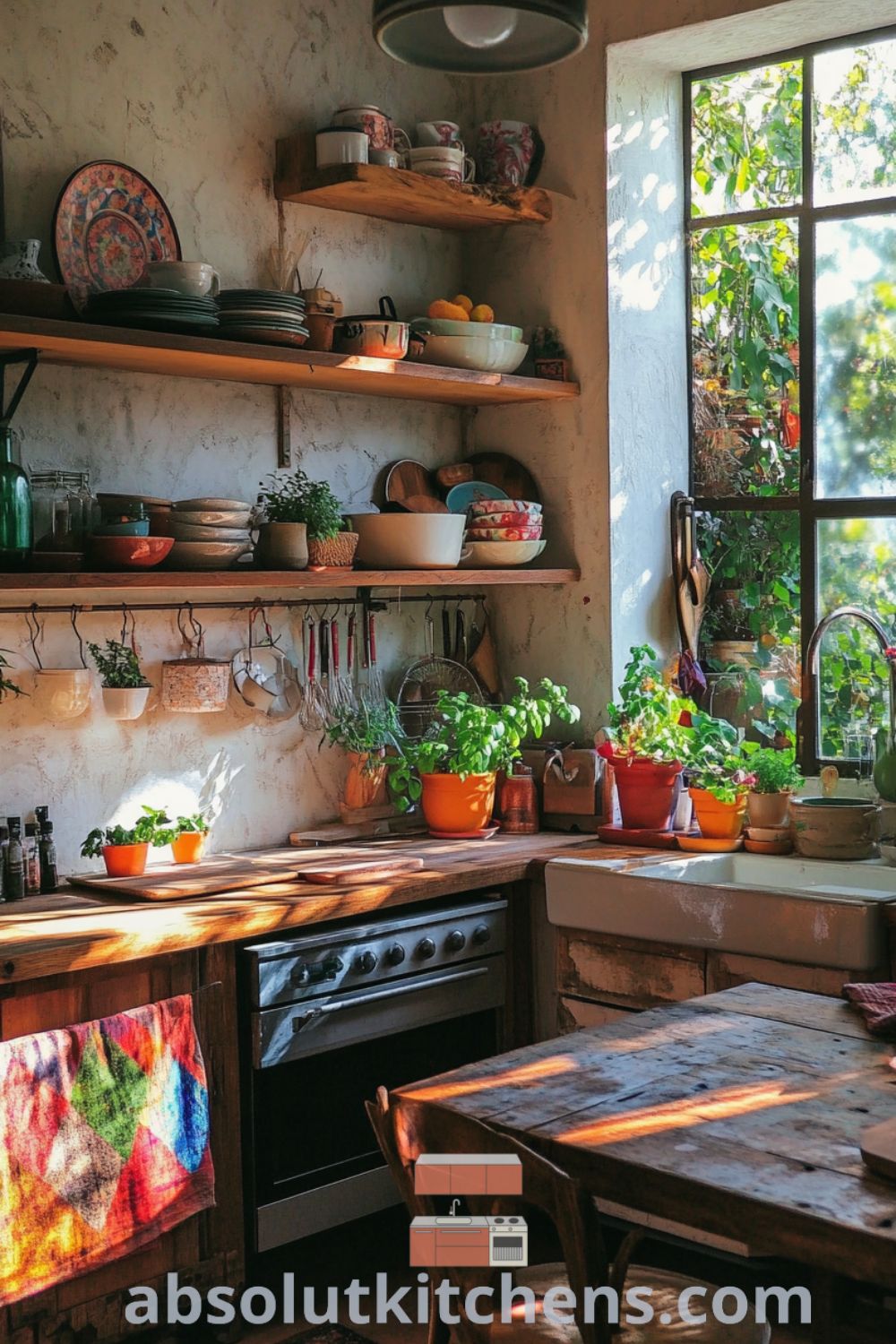 Bohemian kitchen design on absolutkitchens.com featuring warm earth tones, eclectic decor ideas, and cozy kitchen inspiration for small spaces.
