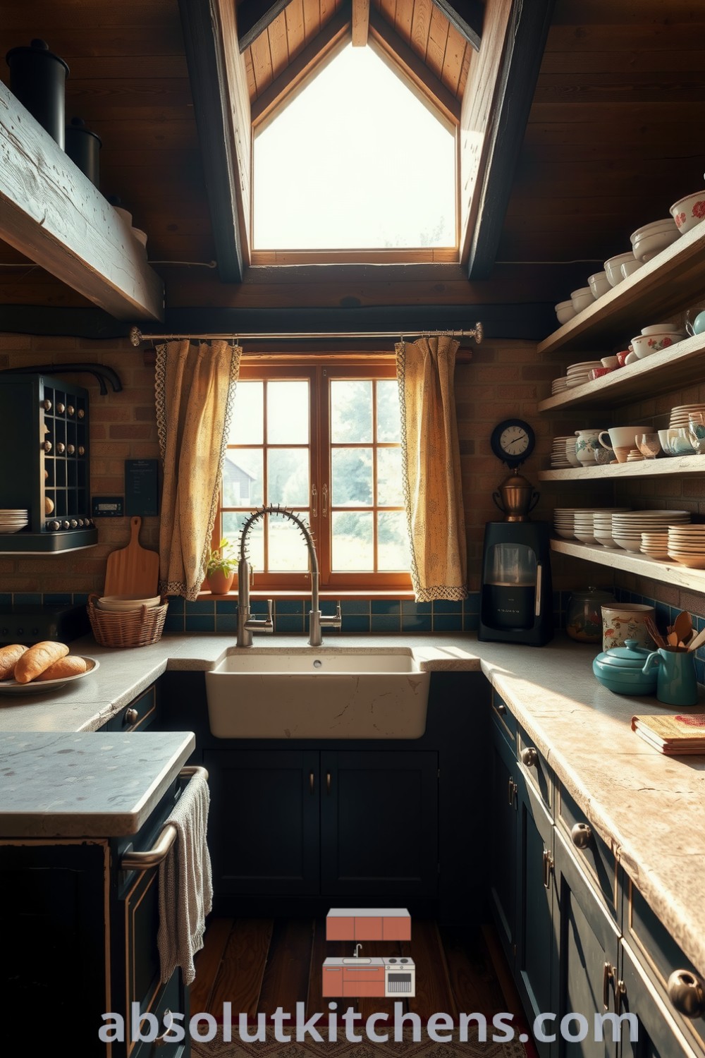 Cozy rustic kitchen featuring deep black accents, exposed wooden beams, stone countertops, and a farmhouse sink with a lush garden view, ideal for unique decor inspirations and cozy home ideas. Visit absolutkitchens.com for more design tips and inspirations.