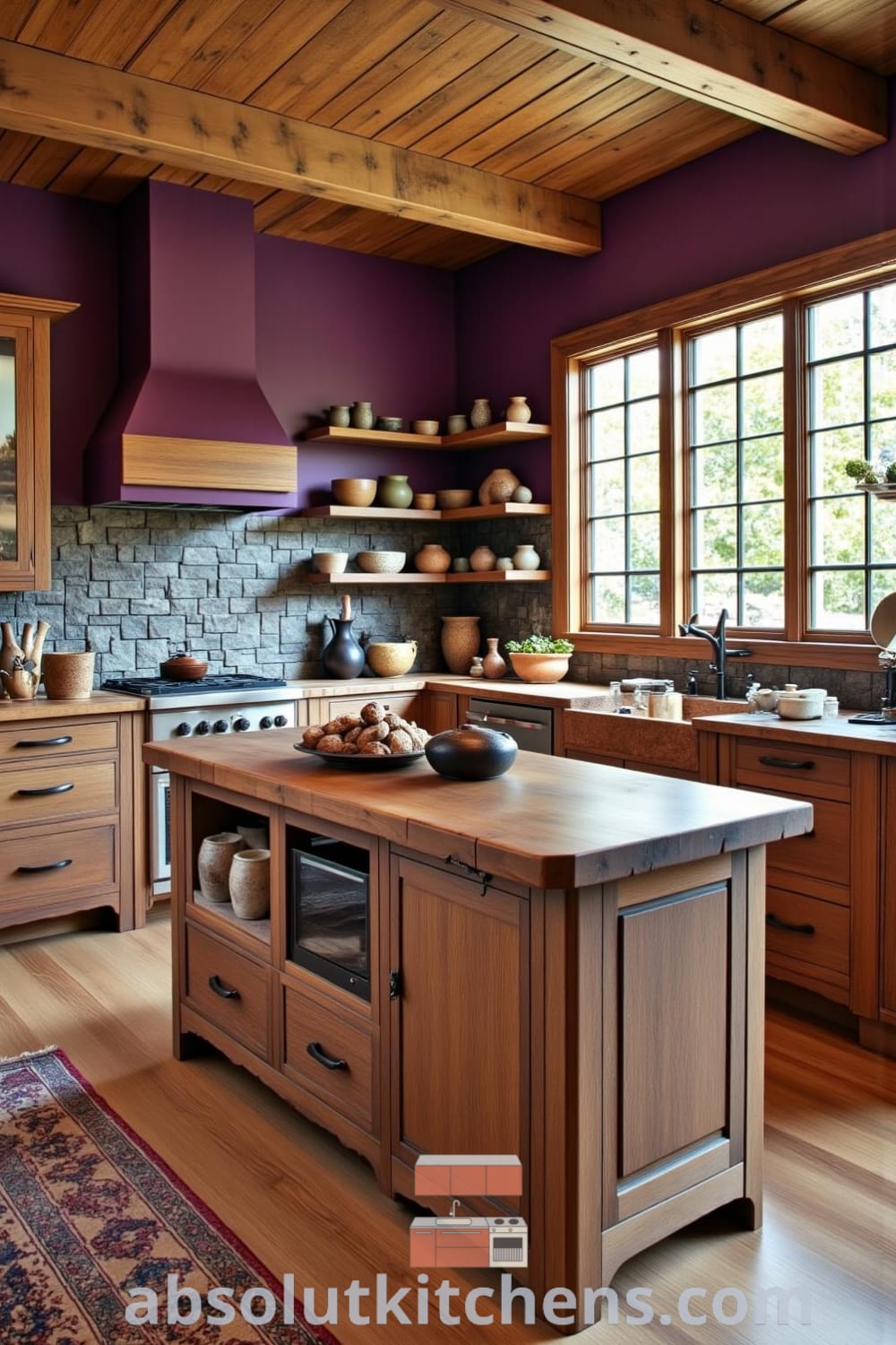 Cozy rustic kitchen design featuring weathered wooden cabinetry, a rich purple accent wall, a central reclaimed wood island, and hand-thrown pottery on open shelves, creating a warm and inviting atmosphere with baking bread aromas, offering cozy ideas and inspirations for your home. Visit fireplacesandwoodstoves.com.