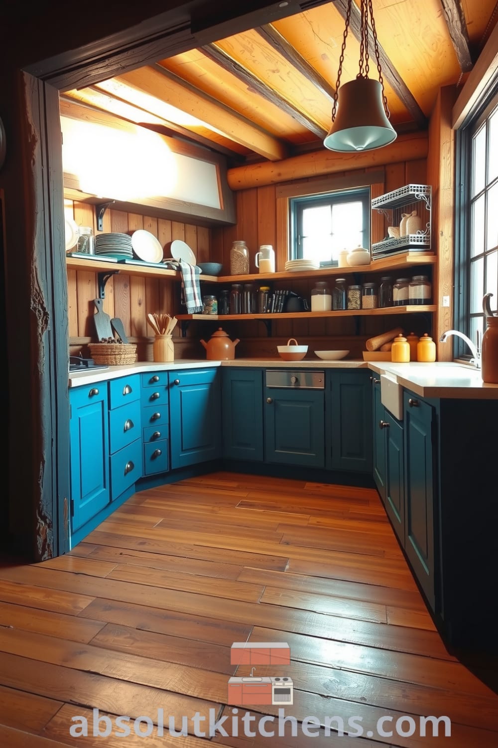 Cozy rustic kitchen featuring weathered blue cabinetry, warm wooden beams, aged stone countertops, and mismatched tableware, creating inviting decor ideas and a comforting ambiance for your home, as seen on fireplacesandwoodstoves.com.