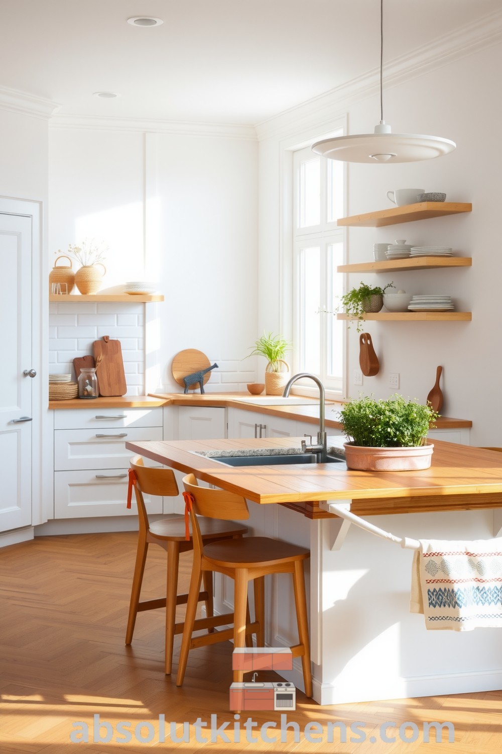 Scandinavian kitchen design showcasing bright white cabinetry, warm oak flooring, wooden dining table, minimalist dishware, potted herbs, and a rustic sink, offering cozy ideas for home decor inspirations on fireplacesandwoodstoves.com.