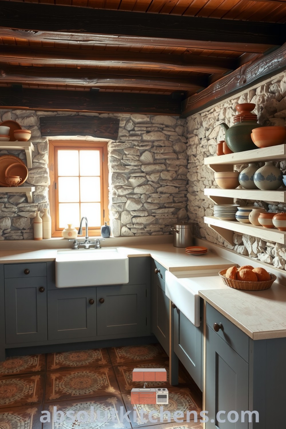 Cozy rustic kitchen featuring worn wooden beams, exposed stone walls, a deep farmhouse sink, and open shelves adorned with handmade pottery, creating a warm and inviting atmosphere perfect for home inspiration. Visit absolutkitchens.com for decor ideas.