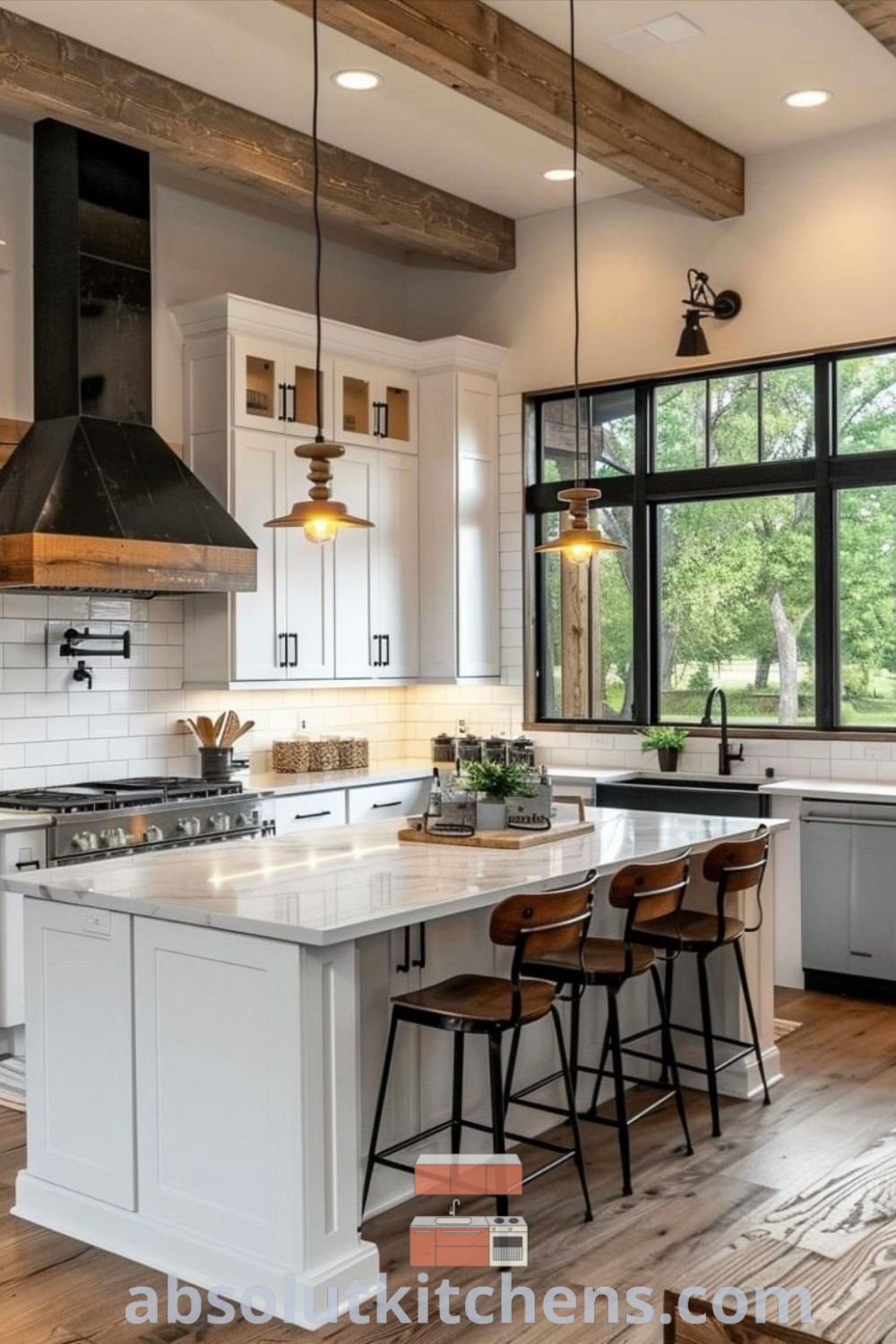 A large kitchen with white cabinets and wooden floors showcasing stylish design trends, ideal for a cozy aesthetic. This Lake House kitchen offers inspiring decor ideas, featuring a backsplash and functional layouts for house or apartment living. Discover more design tips on absolutkitchens.com.