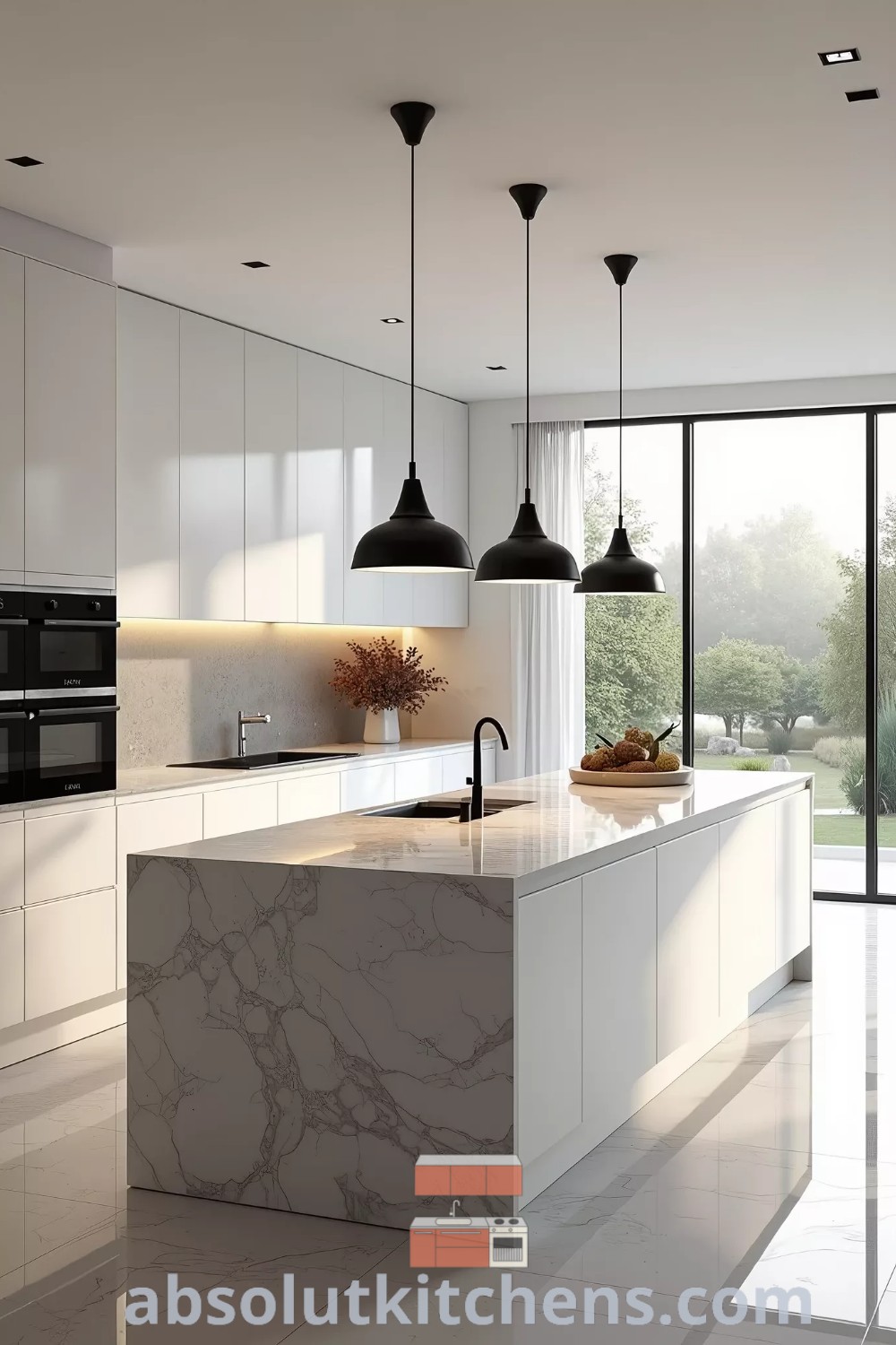 A modern kitchen featuring marble countertops, black pendant lights, and a minimalist island design, embodying a clean aesthetic and neutral tones. This inspiring kitchen decor integrates modern elements for a cozy home ambiance, perfect for kitchen with island designs. Explore more decor inspirations at wellnesswink.com.