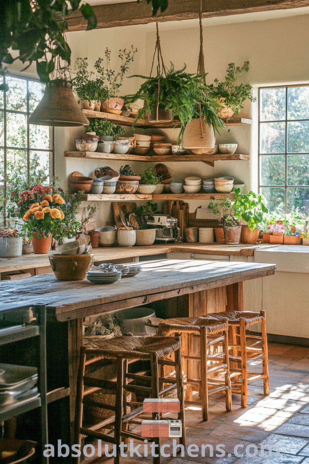 Bohemian Kitchen scene on absolutkitchens.com featuring vibrant decor ideas, cozy kitchen style, and a reclaimed wood island for a warm atmosphere.