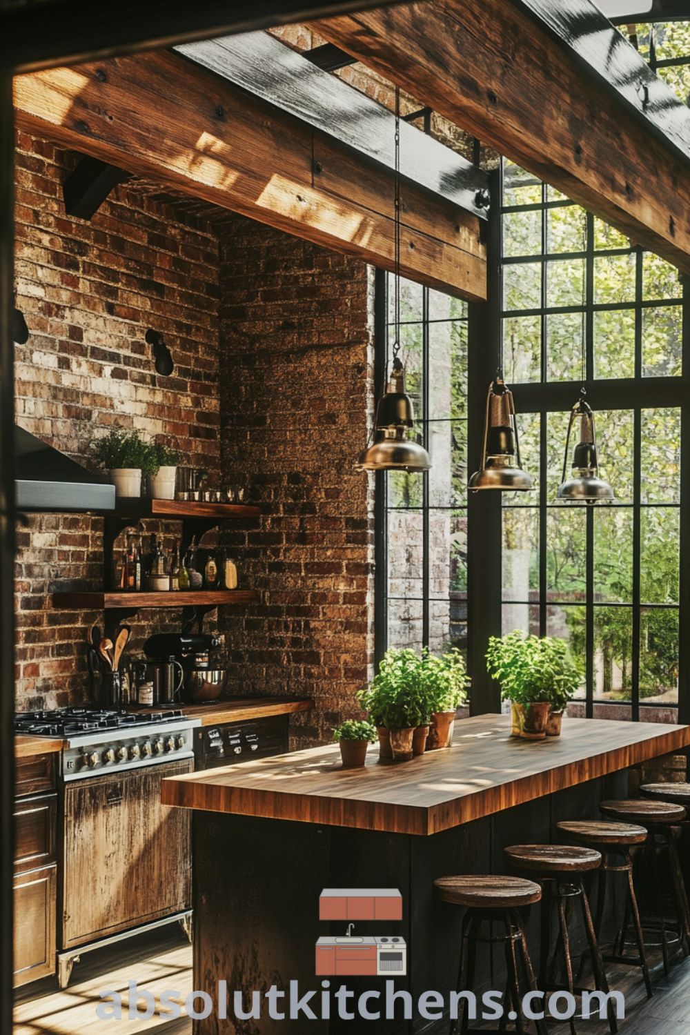 Industrial kitchen design on absolutkitchens.com featuring exposed brick walls, cozy aesthetic, and decor ideas for small spaces.
