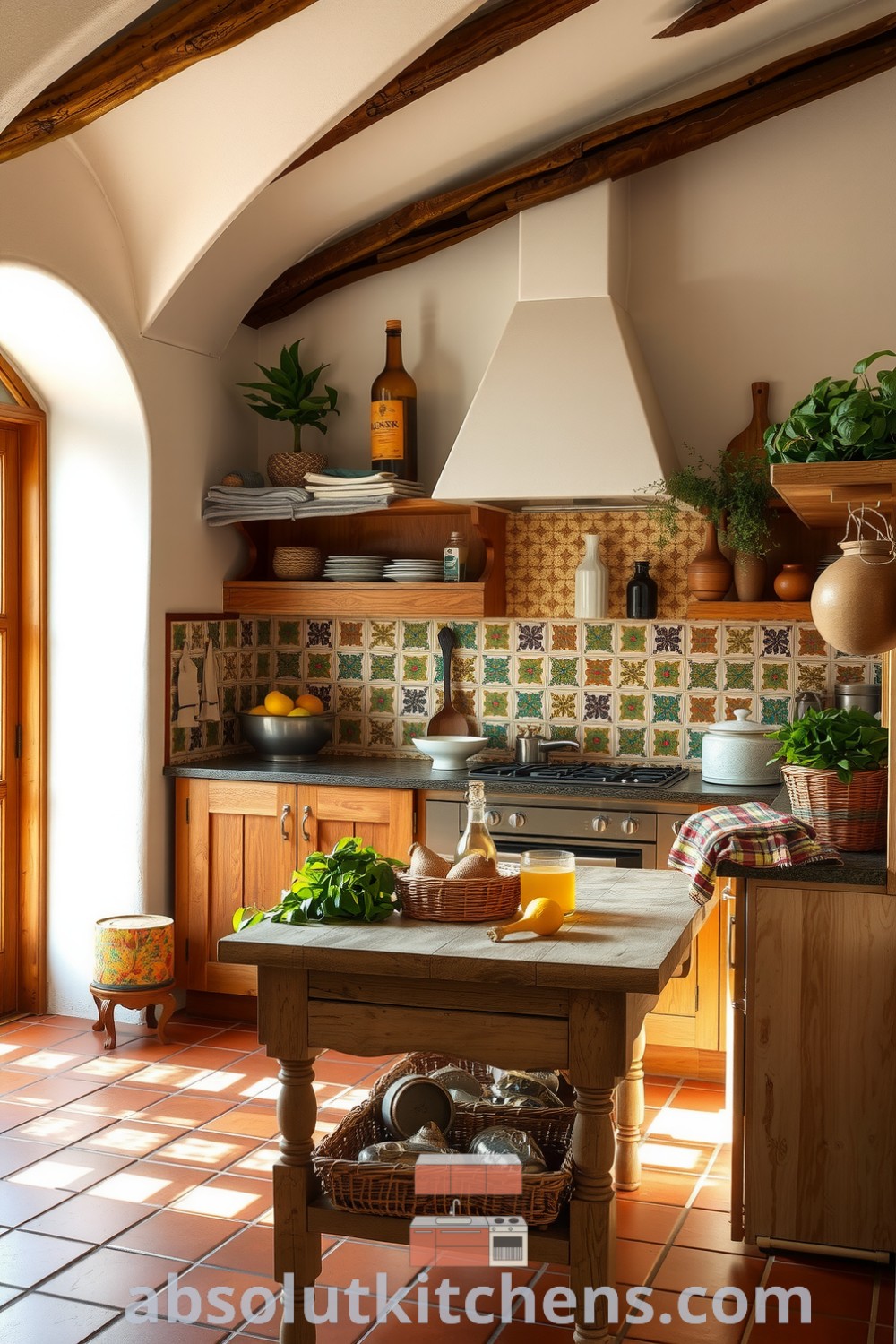 Cozy Mediterranean kitchen featuring natural light, whitewashed walls, terracotta tiles, handcrafted wooden cabinets, and a rustic table with fresh produce and herbs, offering inspiring decor ideas for your home at absolutkitchens.com.