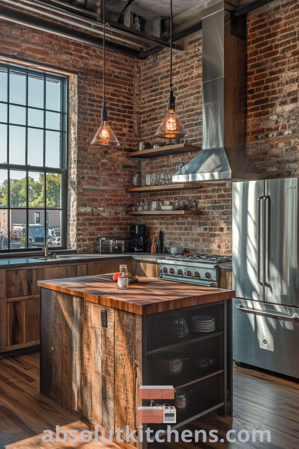 Cozy industrial kitchen design on absolutkitchens.com featuring reclaimed wood island, exposed brick walls, design trends, and decor ideas for small spaces.