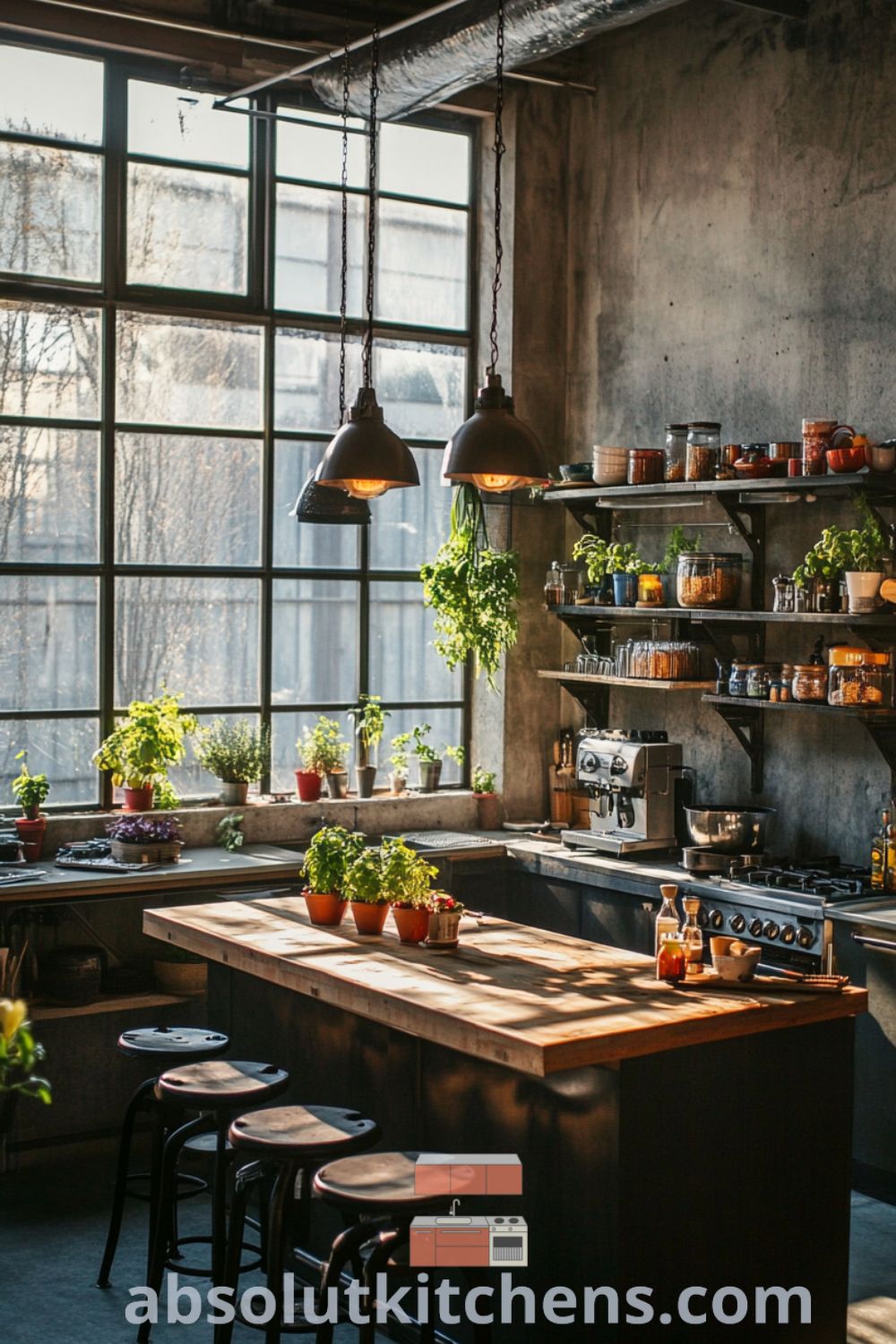 Eclectic loft kitchen scene on absolutkitchens.com featuring reclaimed wood island, vibrant cookware, and inviting loft apartment design ideas.