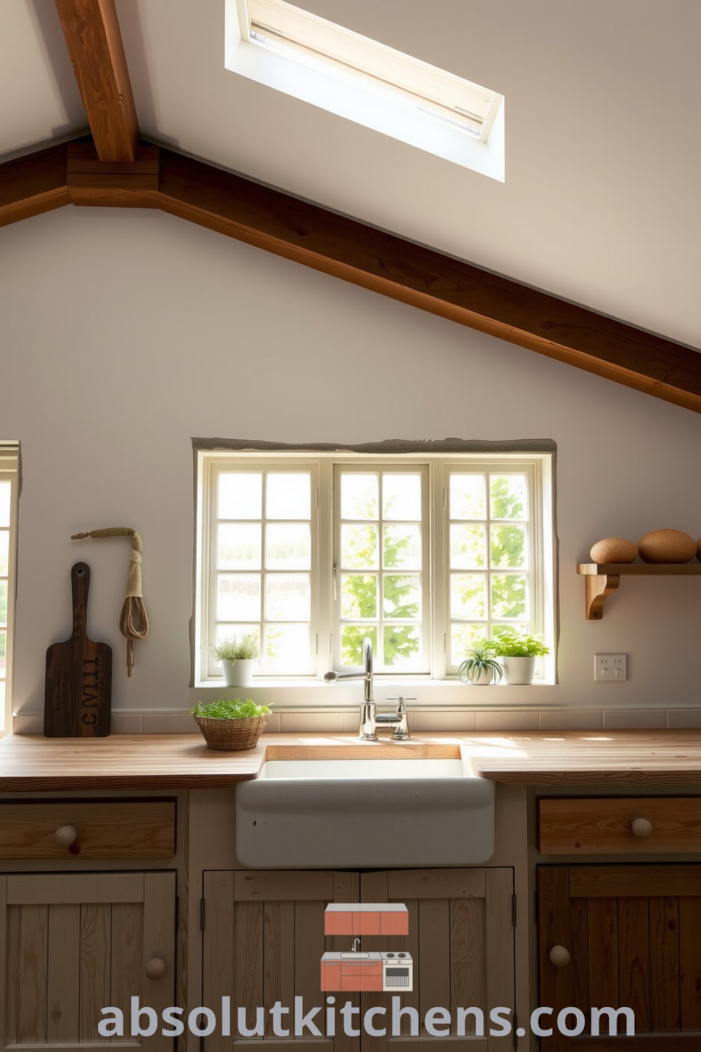 A cozy rustic kitchen with weathered wooden beams, butcher block countertops, and a farmhouse sink, filled with natural light, vibrant herbs, and the inviting aroma of baked bread, providing unique ideas for your home from fireplacesandwoodstoves.com.